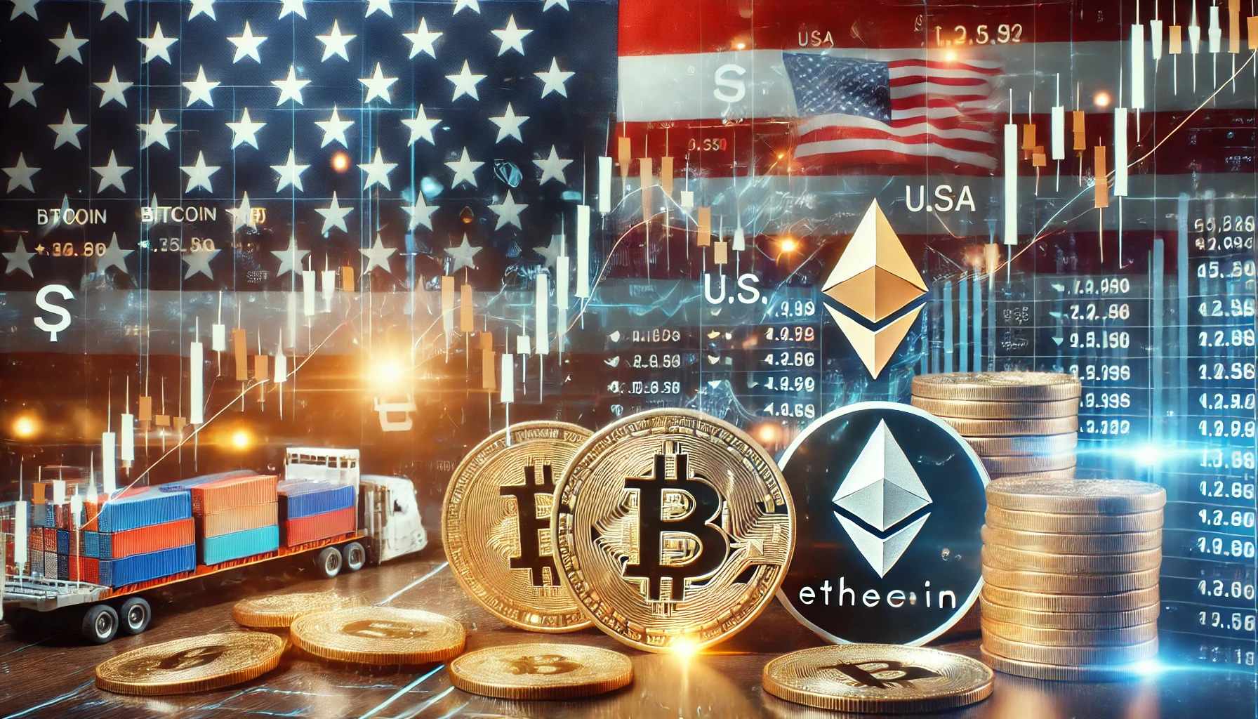 A digital stock market display showing fluctuating cryptocurrency prices alongside the U.S. flag and trade-related graphics representing tariffs and economic policy decisions.