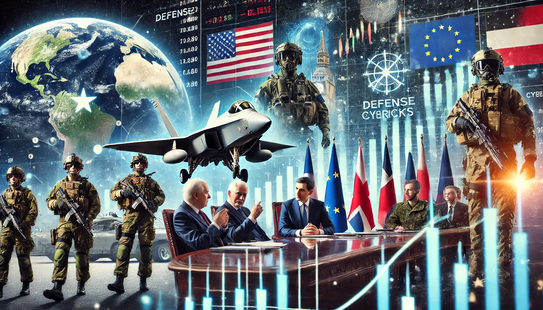 A stock market display showing a surge in defense stocks with European leaders in diplomatic discussions and military equipment in the background.