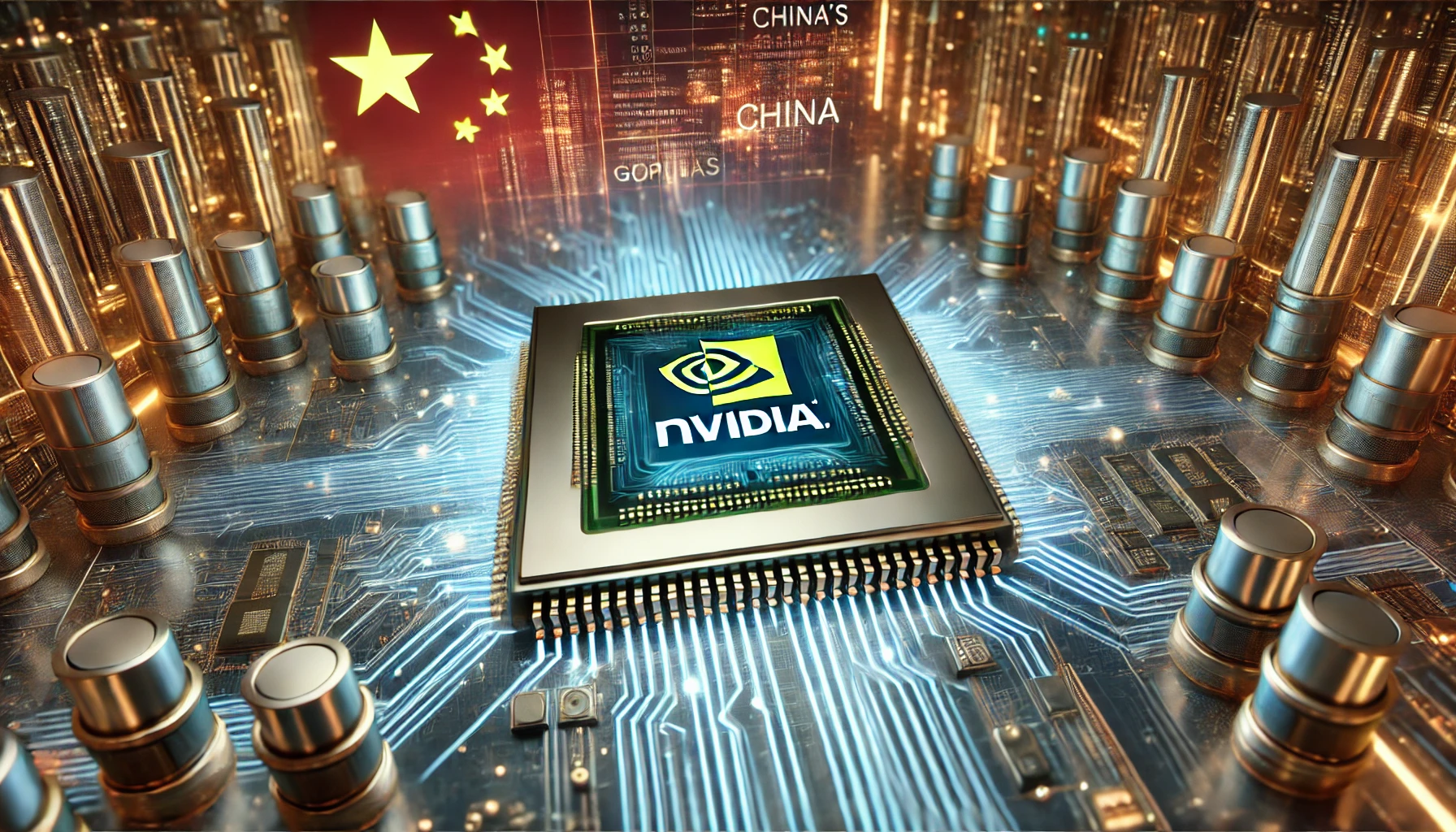 A glowing NVIDIA semiconductor chip with futuristic circuits, symbolizing AI technology and global trade tensions.