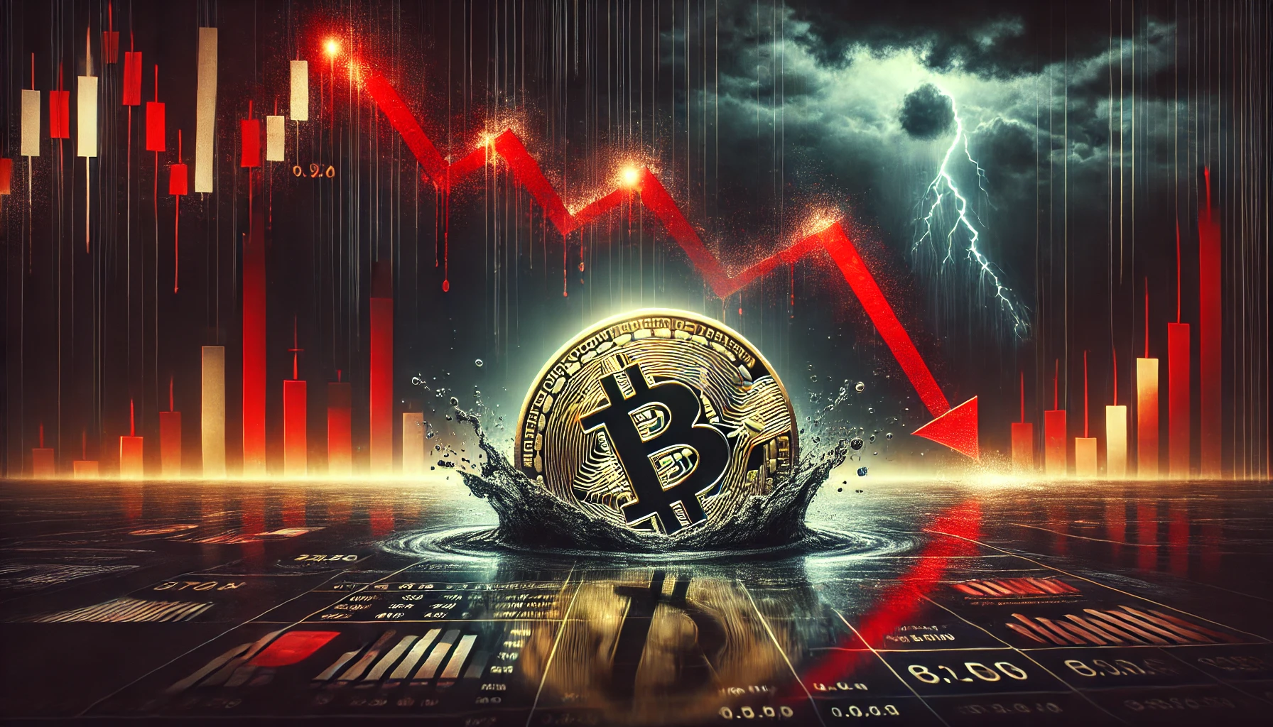 A Bitcoin coin sinking into a dark financial graph with red downward candlestick charts, symbolizing the ongoing crypto bear market.