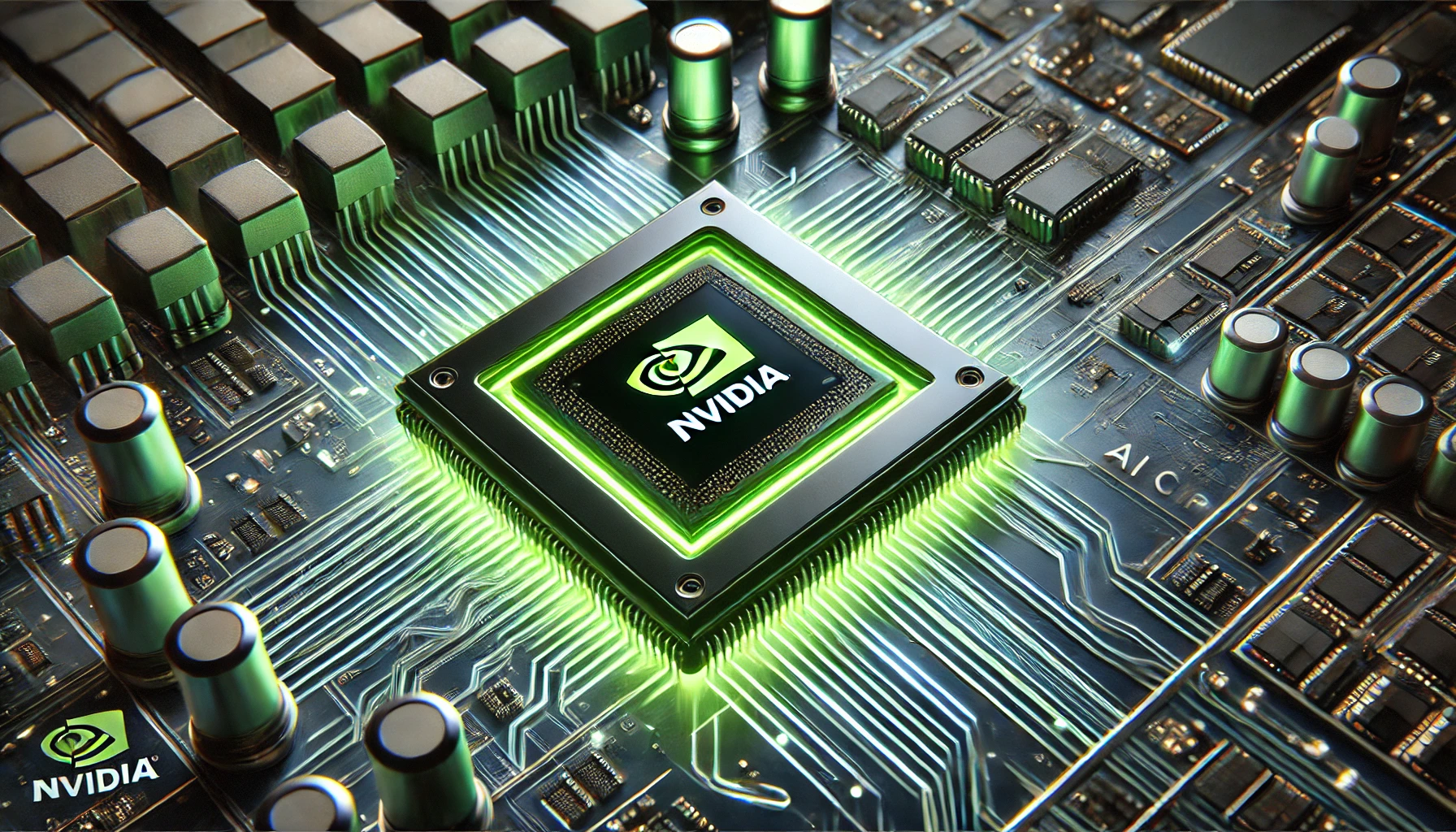 A glowing NVIDIA AI chip with neon green lights on a high-tech circuit board, symbolizing the company's rapid AI chip development.