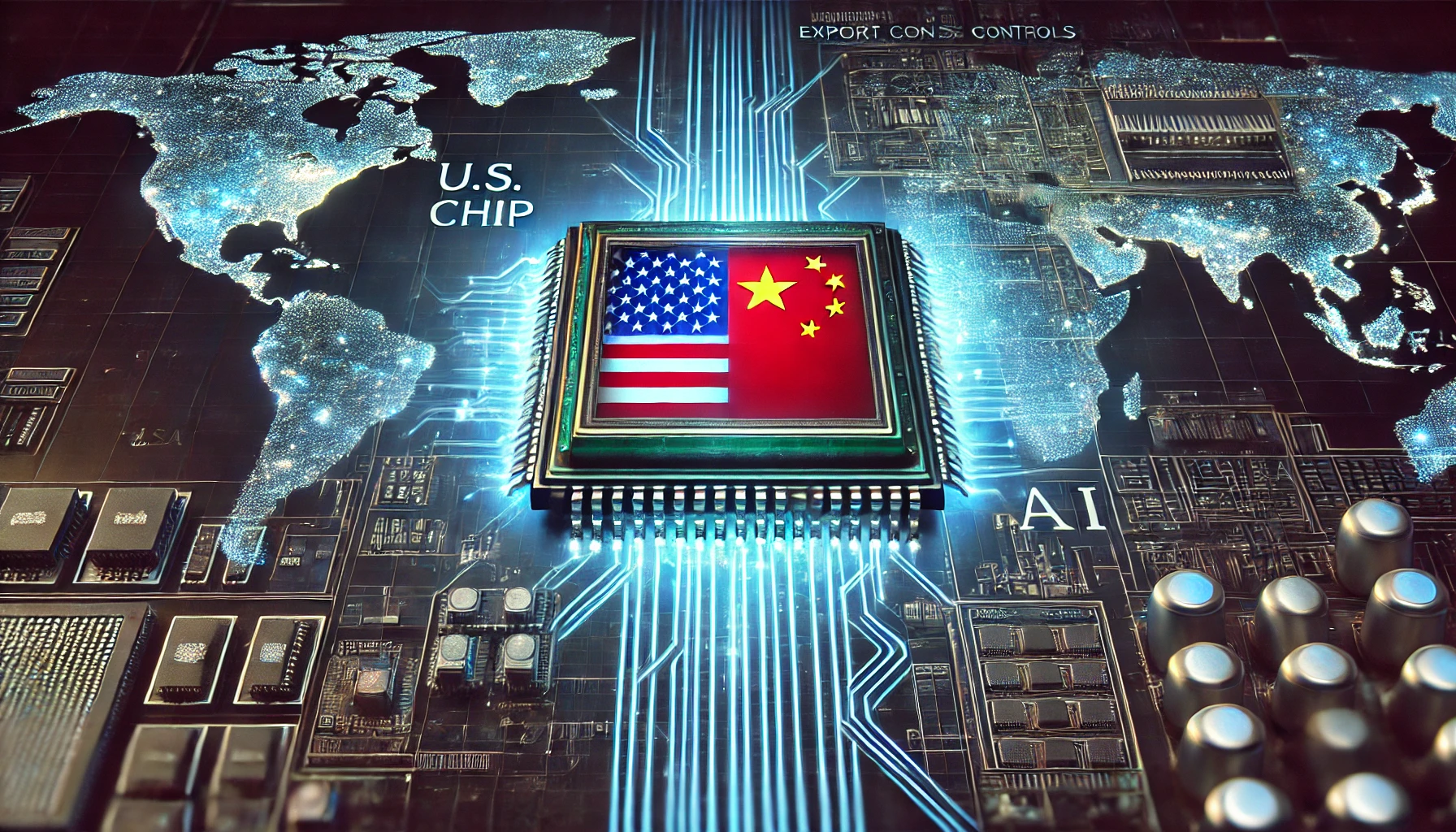 A futuristic AI chip split down the middle, with the U.S. and Chinese flags blended into the semiconductor board, symbolizing export control tensions.