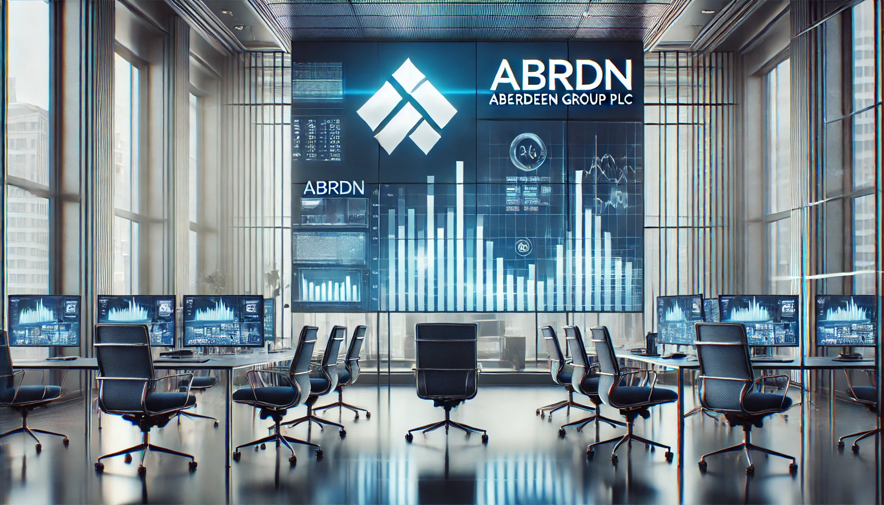 A corporate office backdrop showcasing the newly rebranded Aberdeen Group plc logo, with financial charts in the background.