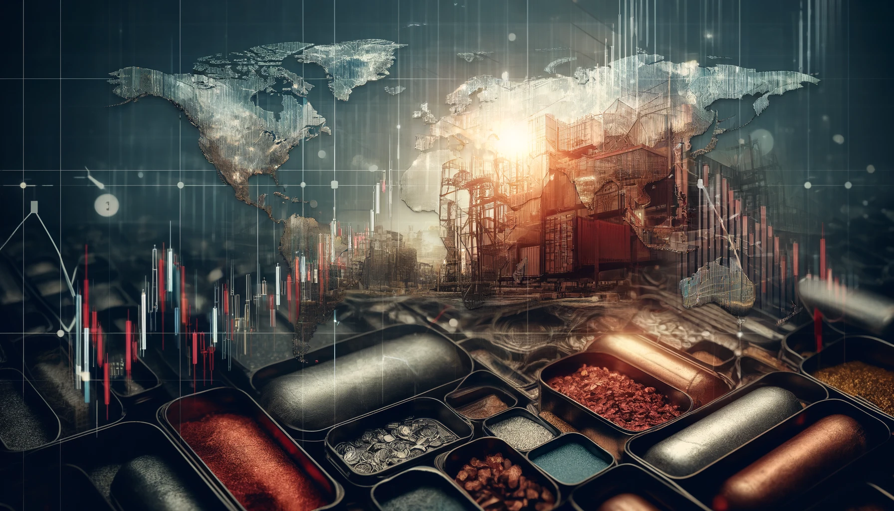 A financial-themed image featuring a declining stock market chart overlaid on copper, iron ore, and gold, symbolizing economic uncertainty.