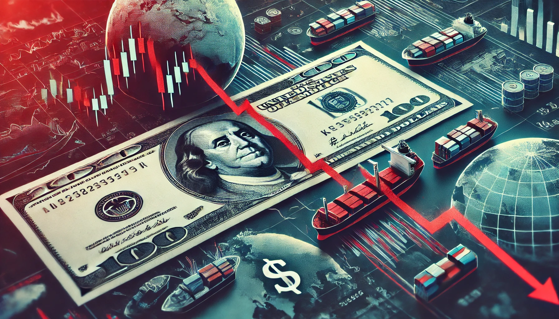 A financial-themed image depicting a declining stock market chart, a faded U.S. dollar bill, and global trade elements symbolizing economic instability.