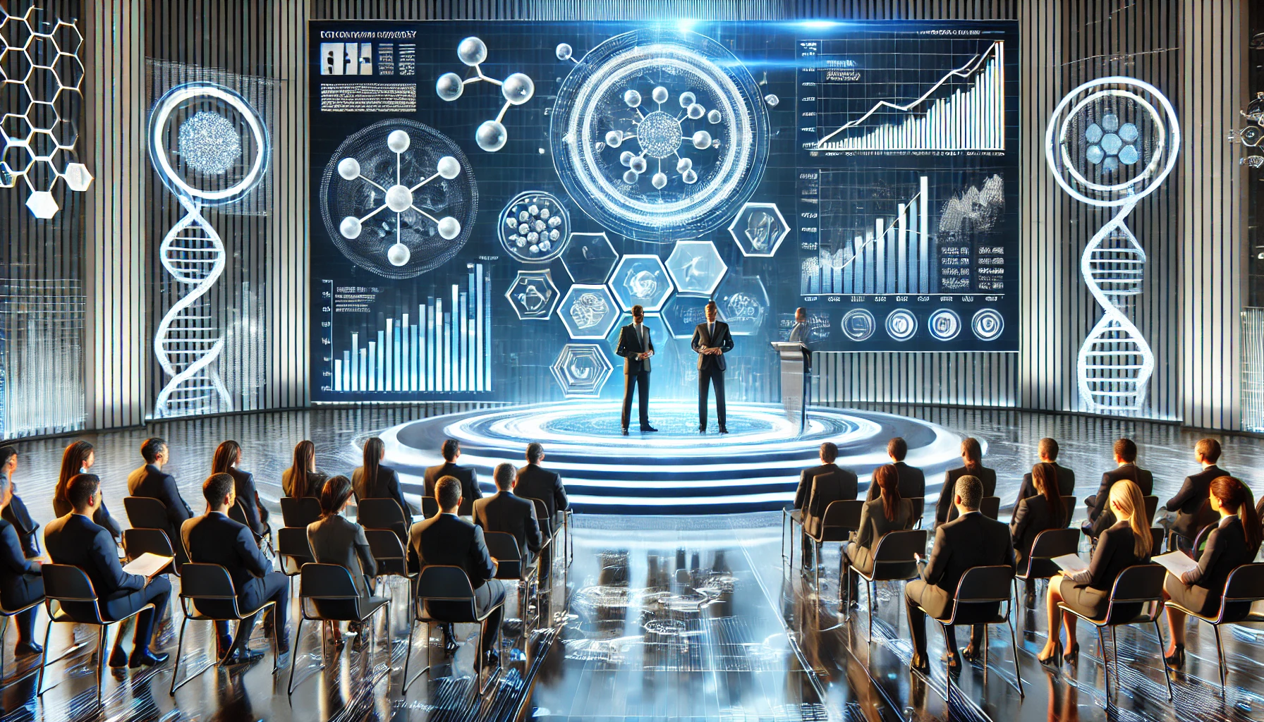 Executives present biotech advancements and financial trends at a futuristic investor conference.