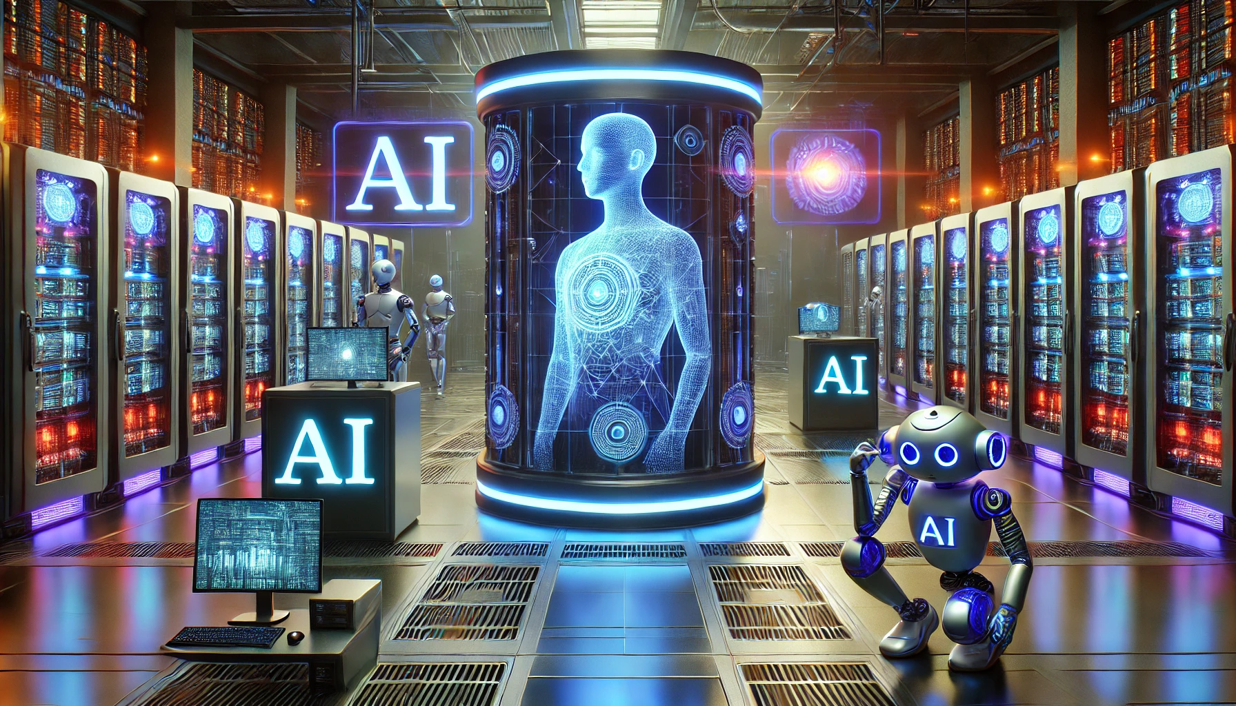 A futuristic data center with glowing AI servers, Meta logos on the walls, and advanced robotics managing the infrastructure, illuminated in blue and purple hues.