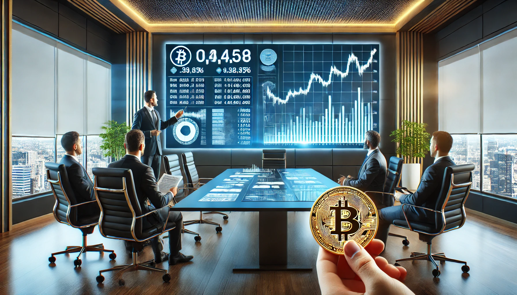 A modern corporate boardroom where executives are discussing Bitcoin investments. A large digital screen displays a Bitcoin price chart, while one executive holds a Bitcoin coin.