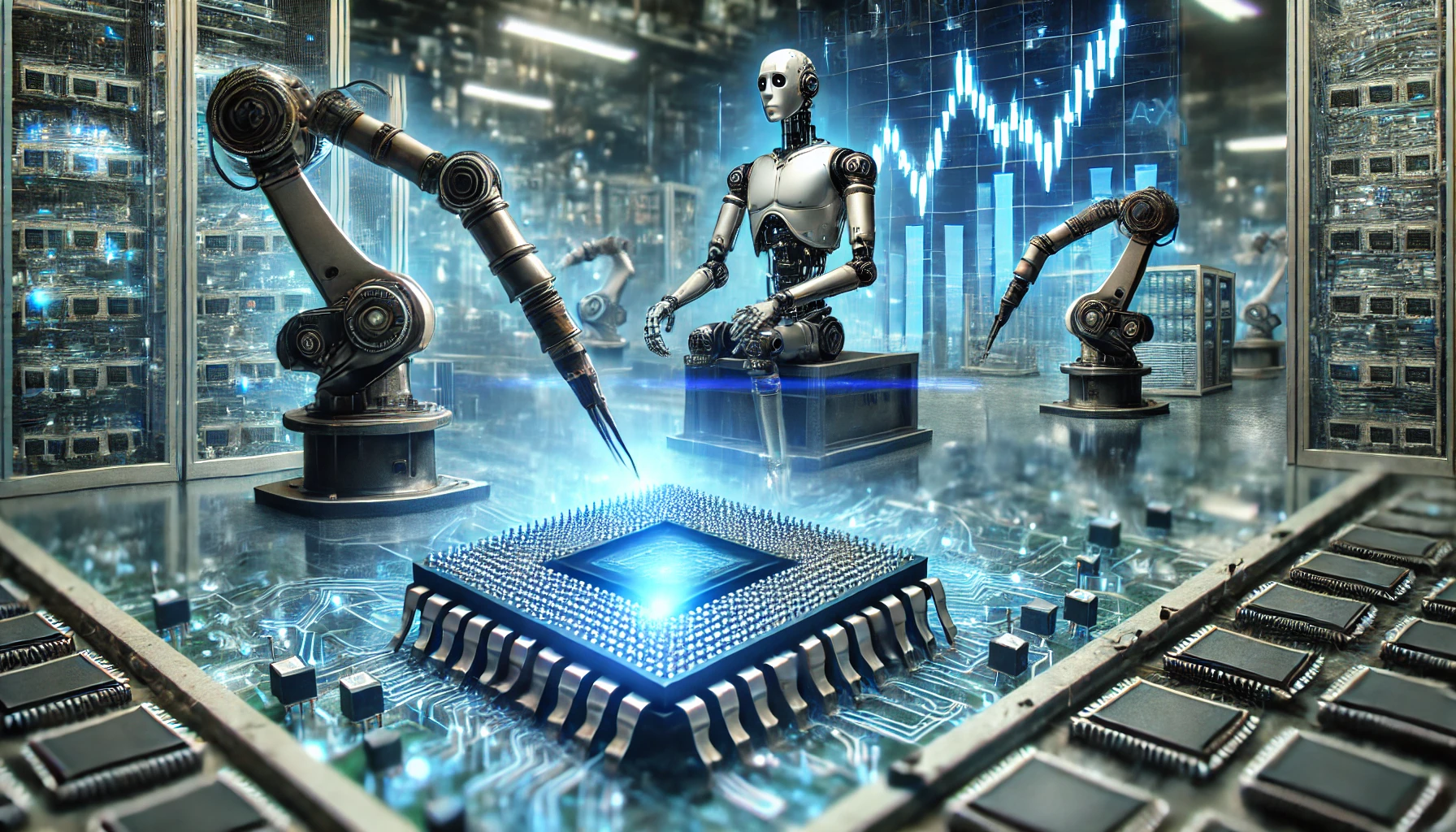 A high-tech semiconductor manufacturing facility with robotic arms assembling microchips, illuminated with a futuristic blue glow, with a stock market graph in the background reflecting market volatility.