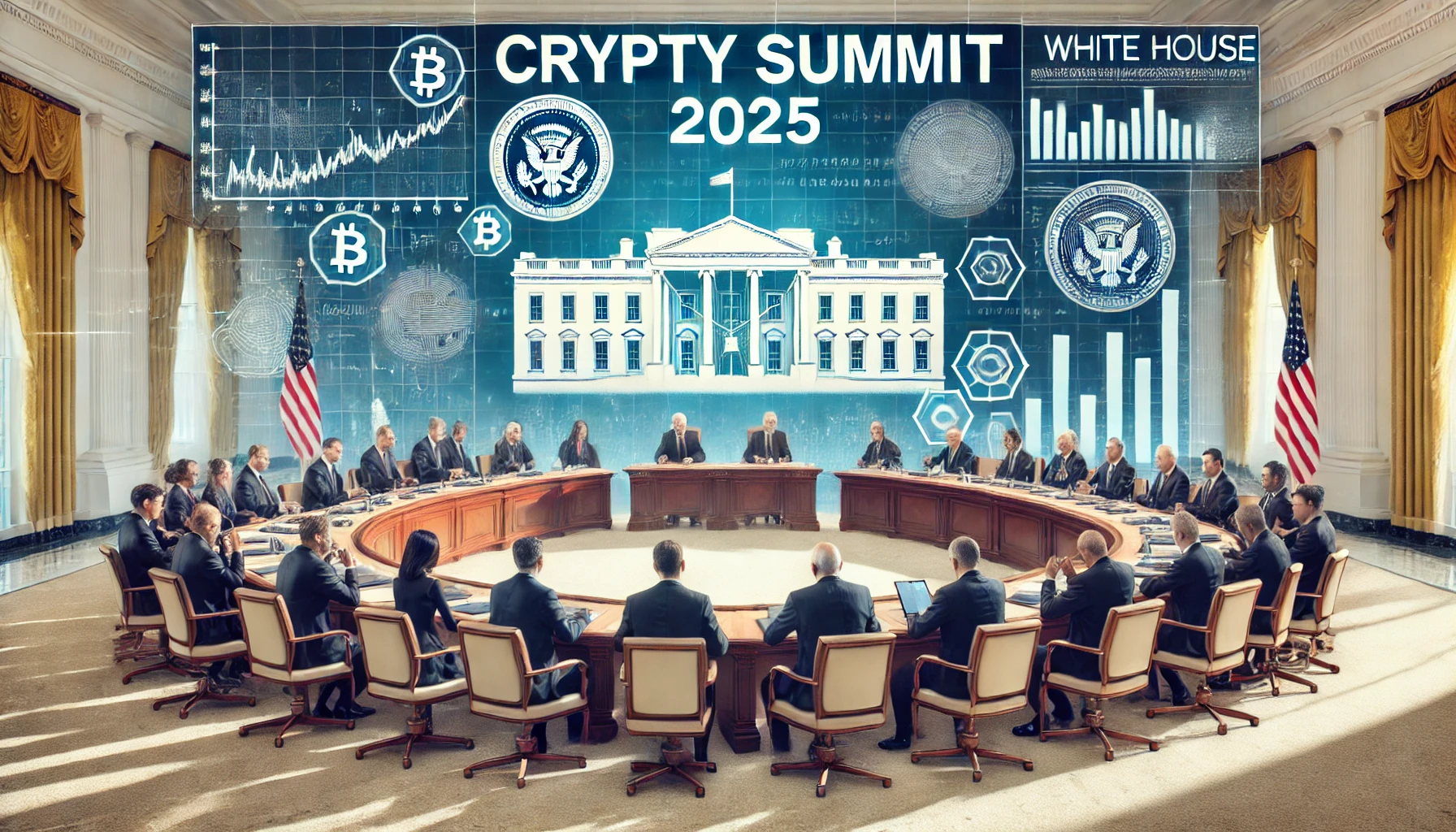A high-profile government summit on cryptocurrency regulation at the White House, featuring officials and industry leaders in a conference room with digital financial charts and blockchain symbols in the background.
