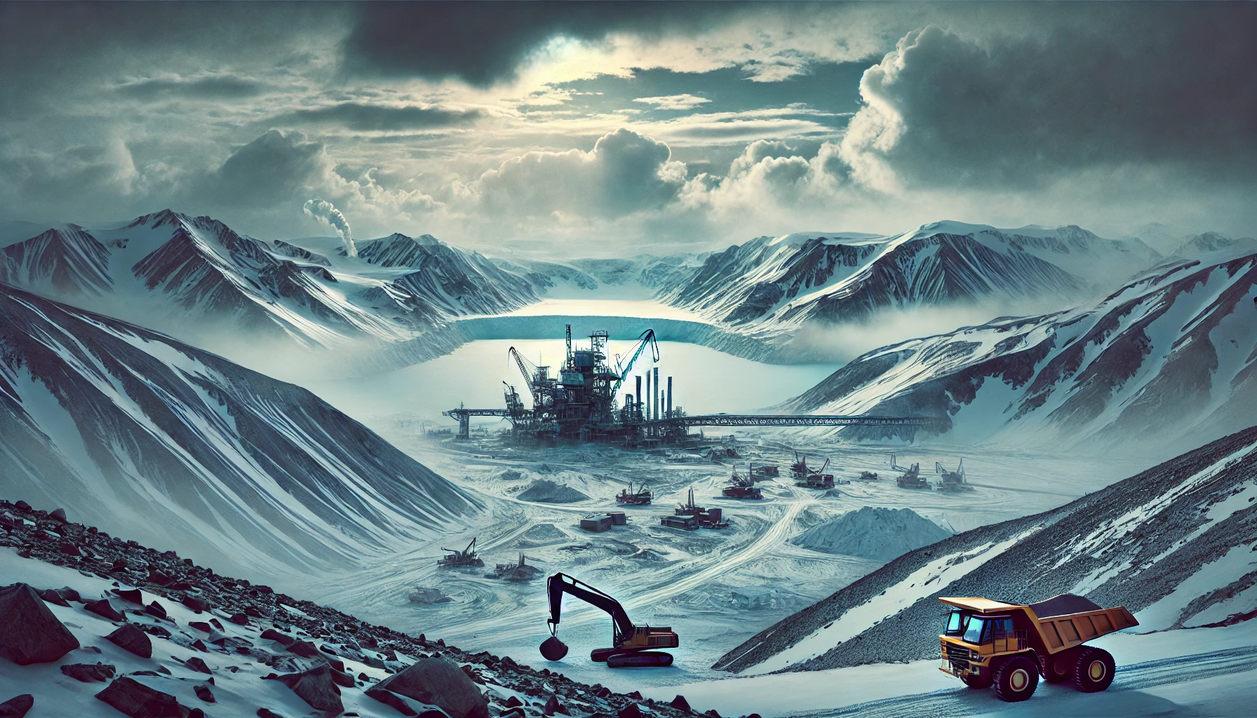 An abandoned mining site in Greenland's icy landscape, with unused construction equipment and snow-covered mountains in the background.
