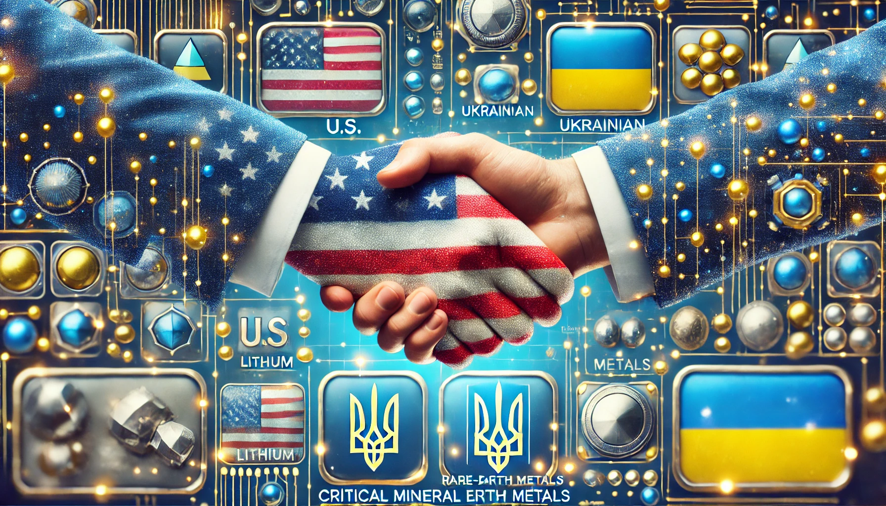 A symbolic handshake between U.S. and Ukrainian officials, with critical minerals in the background and national flags subtly integrated.