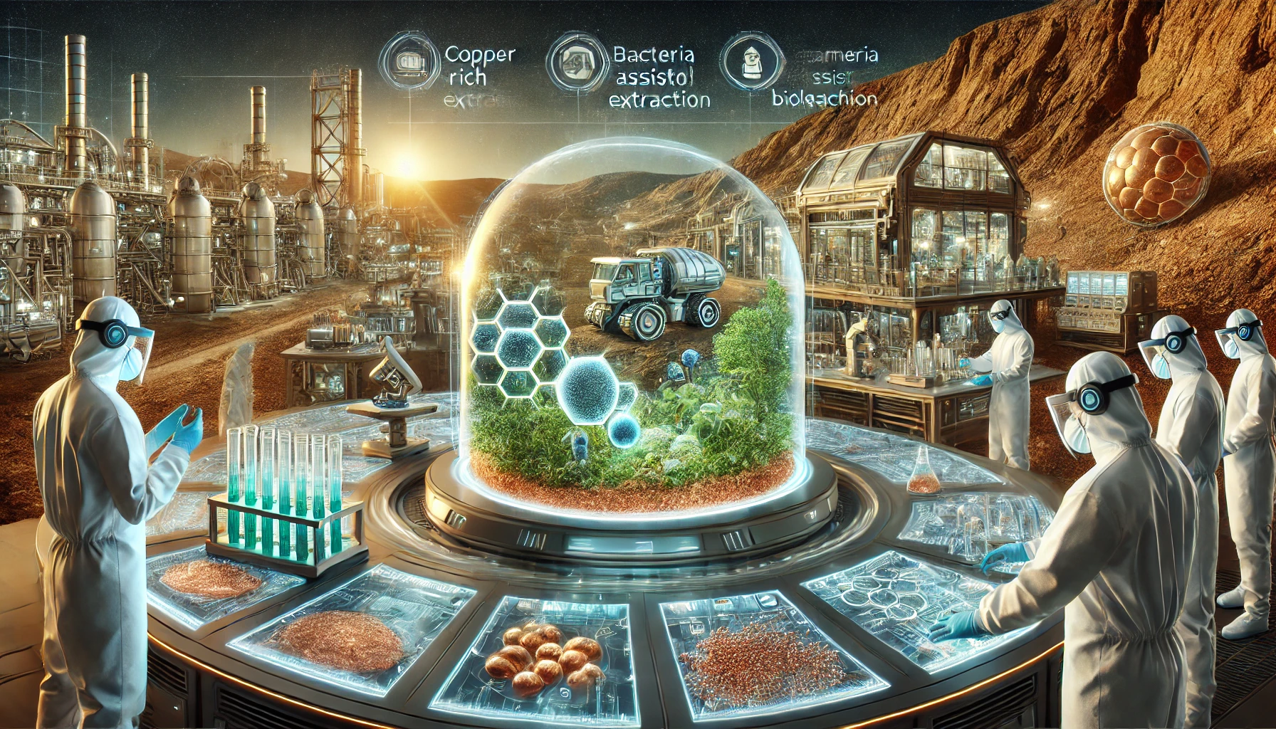 A high-tech laboratory with scientists in protective gear analyzing copper extraction methods, with an eco-friendly mining operation in the background.