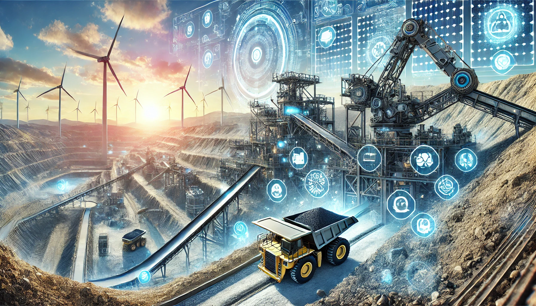 A futuristic mining operation with automated machinery extracting critical minerals, with renewable energy sources like wind turbines and solar panels in the background.