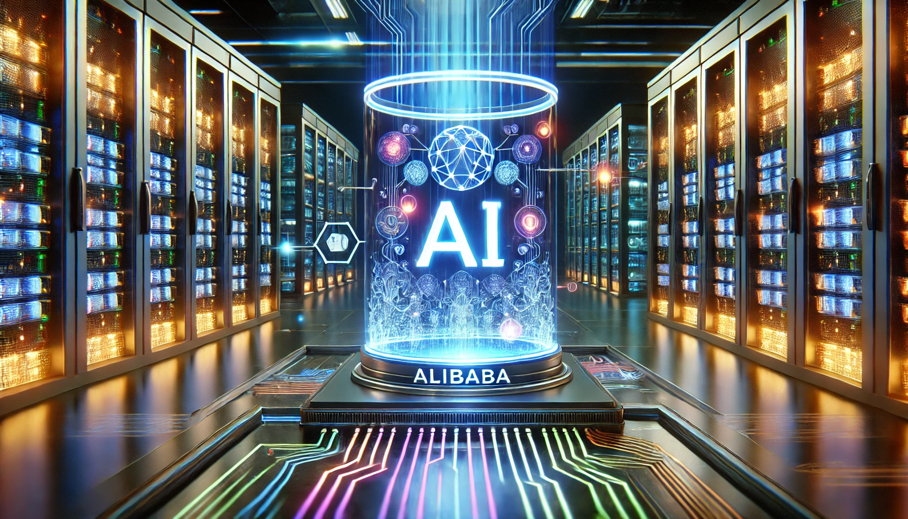 A futuristic digital illustration of Alibaba’s AI breakthrough, featuring a high-tech server room with glowing data streams and a holographic AI model in action.