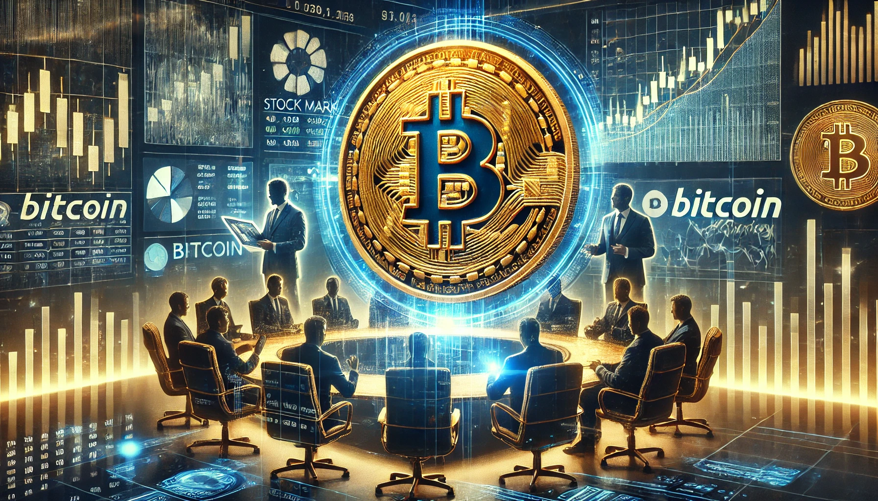 A futuristic digital illustration showing Bitcoin adoption in corporate finance, featuring a golden Bitcoin coin, stock market graphs, and a holographic boardroom discussion.