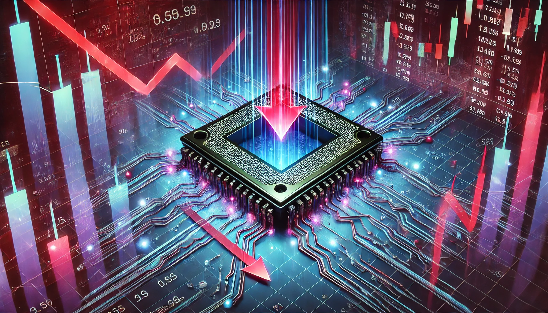 A futuristic digital illustration showing a stock market chart with red downward-trending arrows, a glowing quantum processor, and financial graphs, representing the decline of quantum computing stocks.