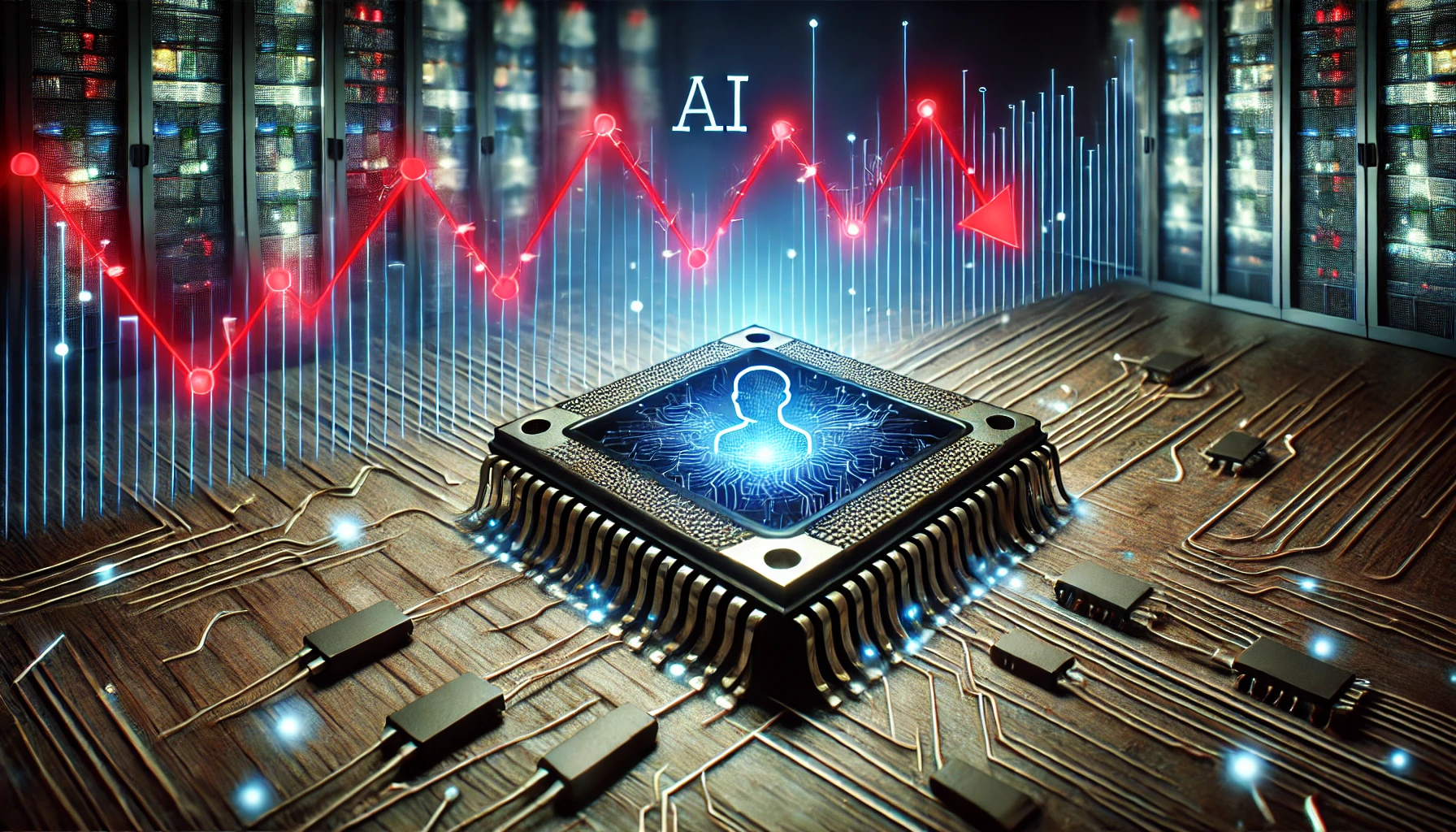 Digital illustration of a declining stock market graph overlaid on a futuristic AI chip, symbolizing financial concerns in AI investments.
