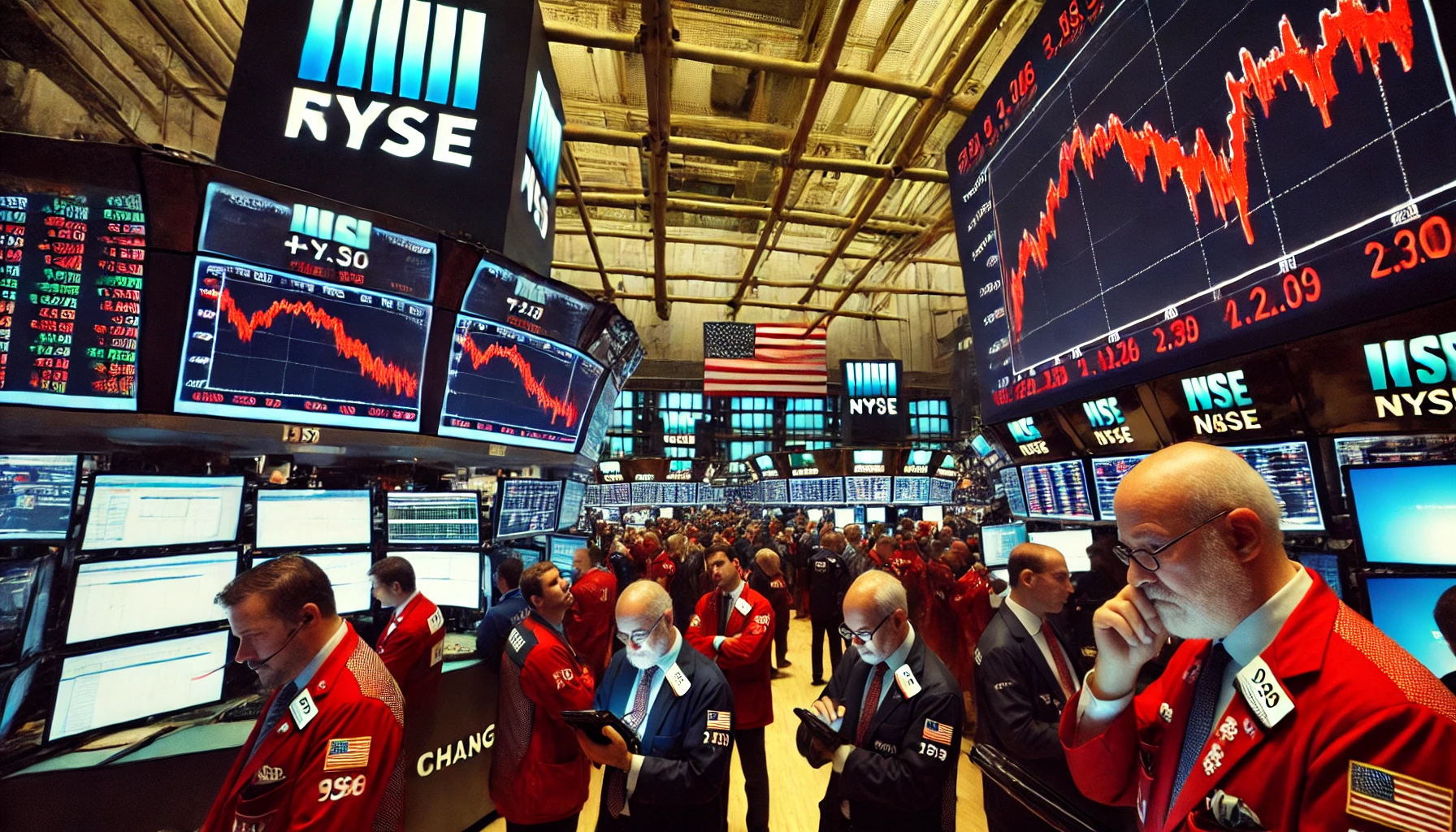 A tense stock market scene showing a red downward-trending graph on a digital ticker board, with concerned traders at the New York Stock Exchange.