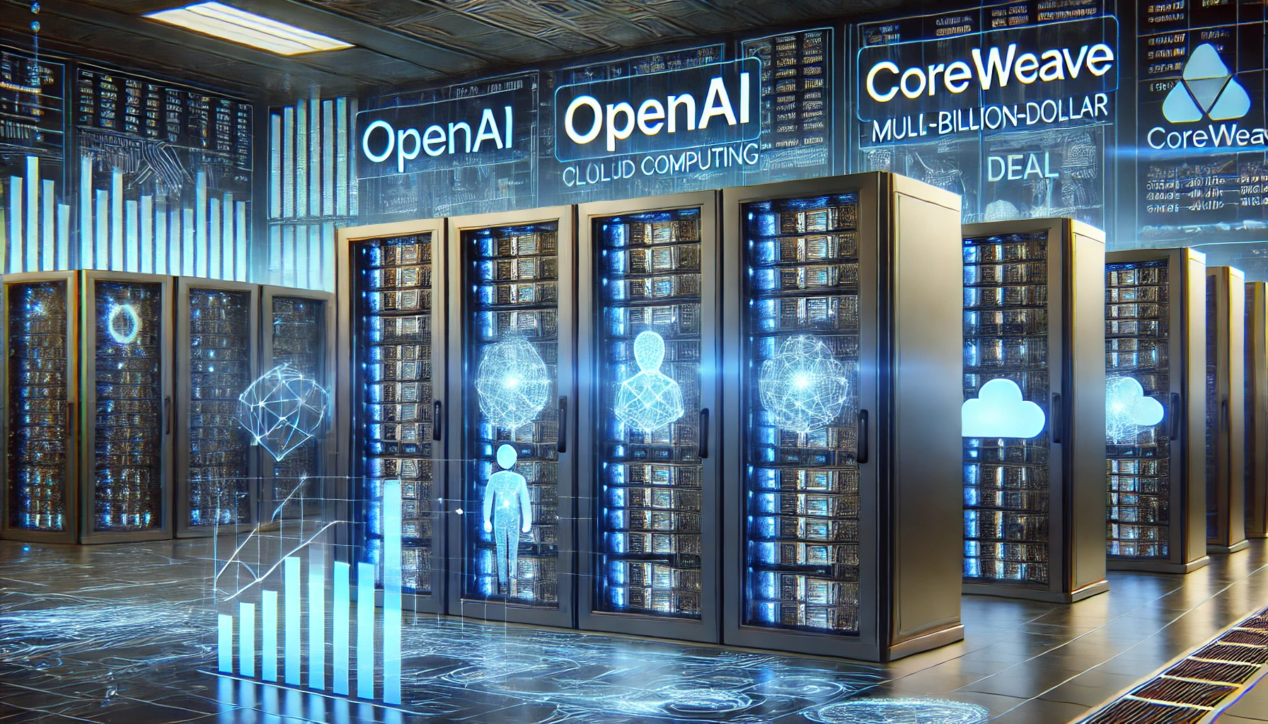 A high-tech data center with glowing blue server racks, featuring a digital display showing OpenAI and CoreWeave logos alongside financial charts.