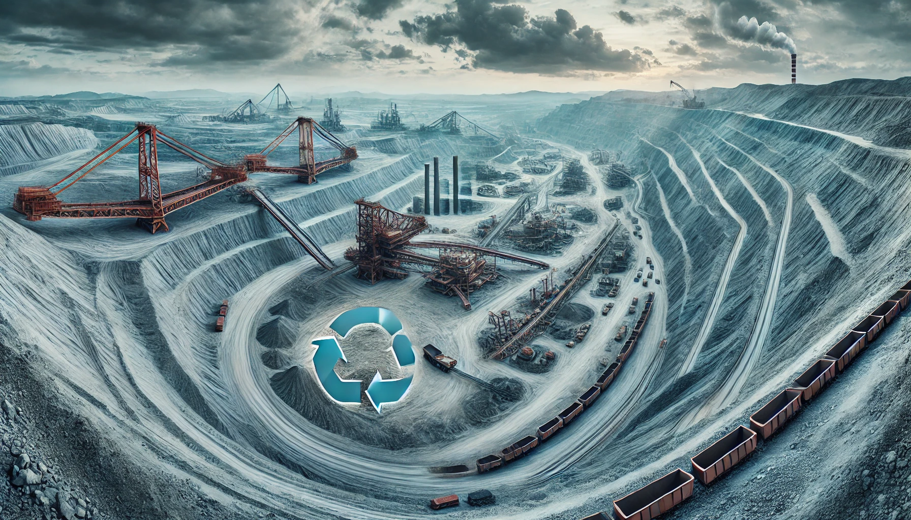 Aerial view of a large mining operation with excavation equipment and deep open-pit mines, showing signs of reduced activity.