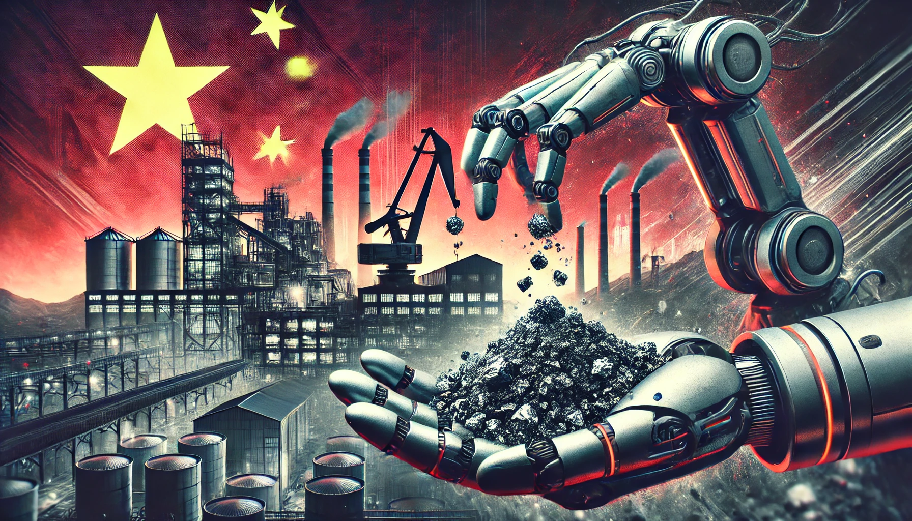 A robotic arm handling rare earth minerals in a high-tech industrial setting, with a Chinese flag overlaying a factory skyline.