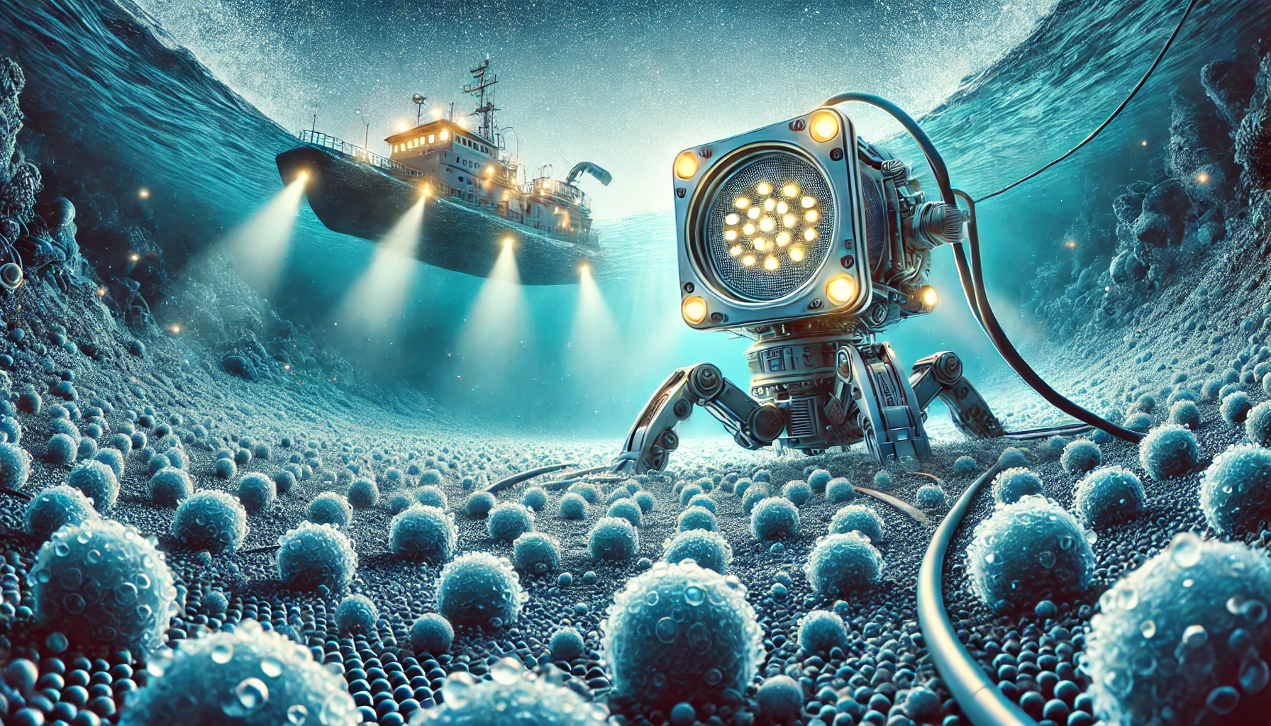 A high-tech deep-sea mining operation featuring robotic machines extracting minerals from the ocean floor, illuminated by underwater lights, with a research vessel on the surface.