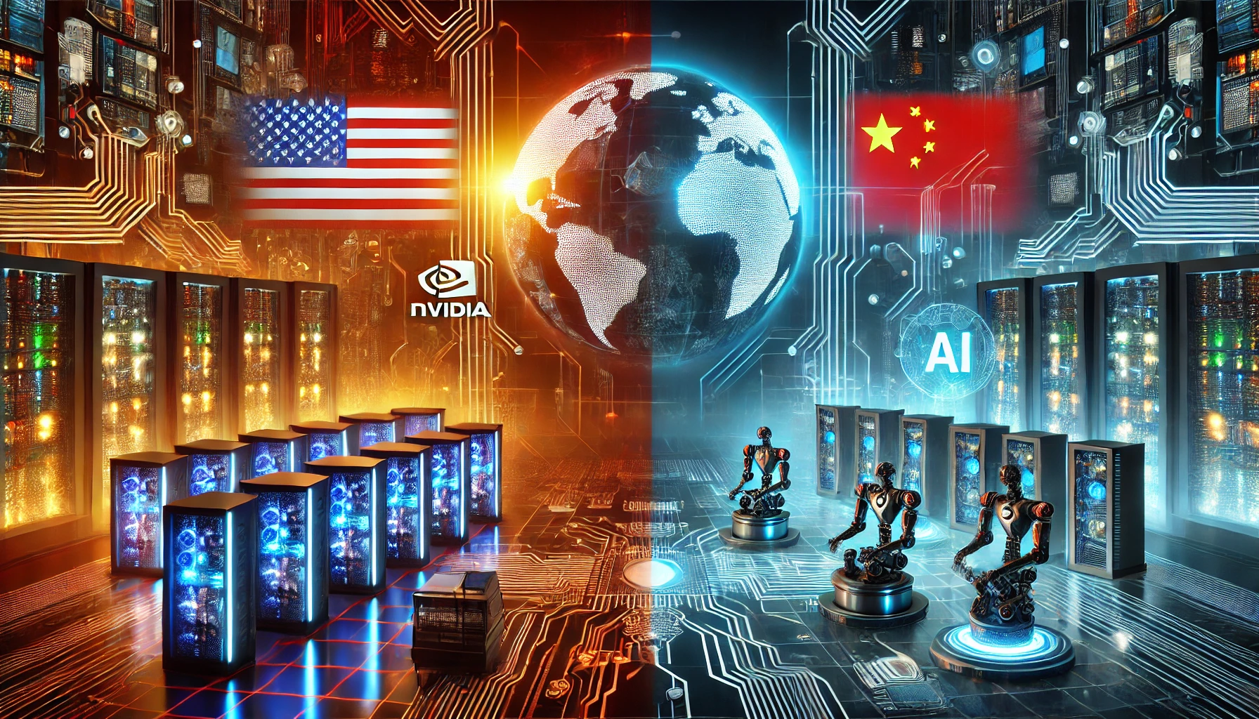 A futuristic AI competition between the United States and China, featuring an NVIDIA data center and a Chinese AI research lab with digital holograms.