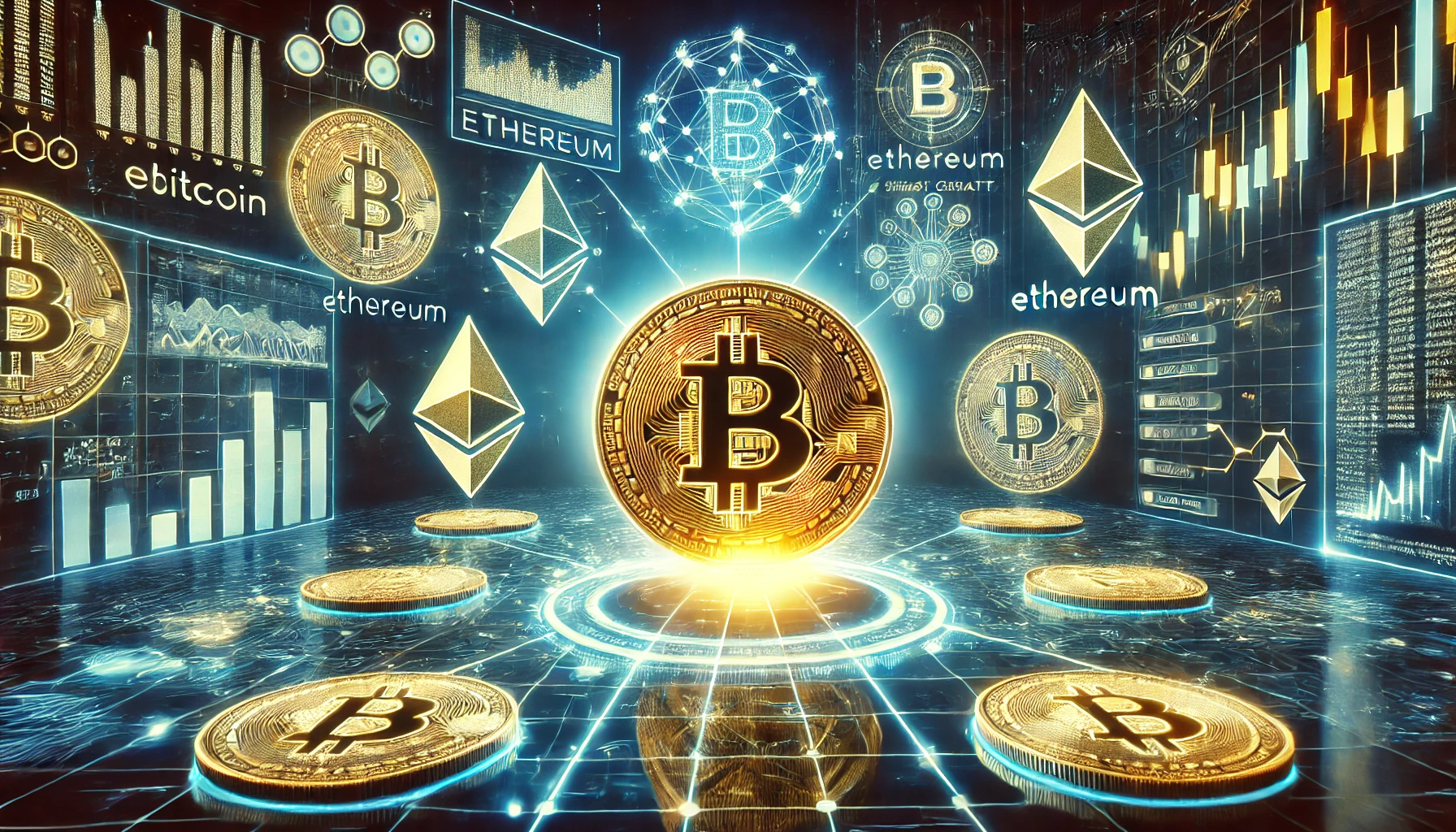 A futuristic digital scene featuring a glowing Bitcoin symbol, Ethereum, DeFi smart contracts, and financial graphs, representing cryptocurrency evolution.