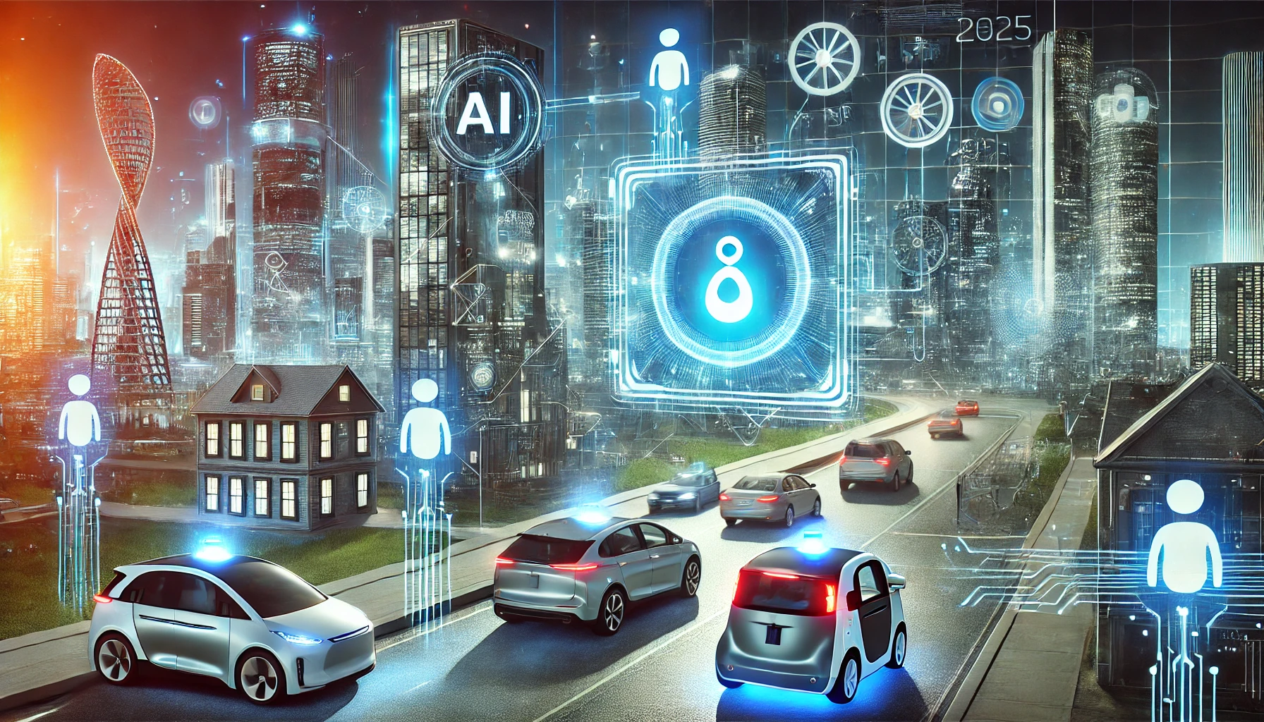 A futuristic cityscape featuring AI-powered smart homes, self-driving electric vehicles, and a digital assistant interface.