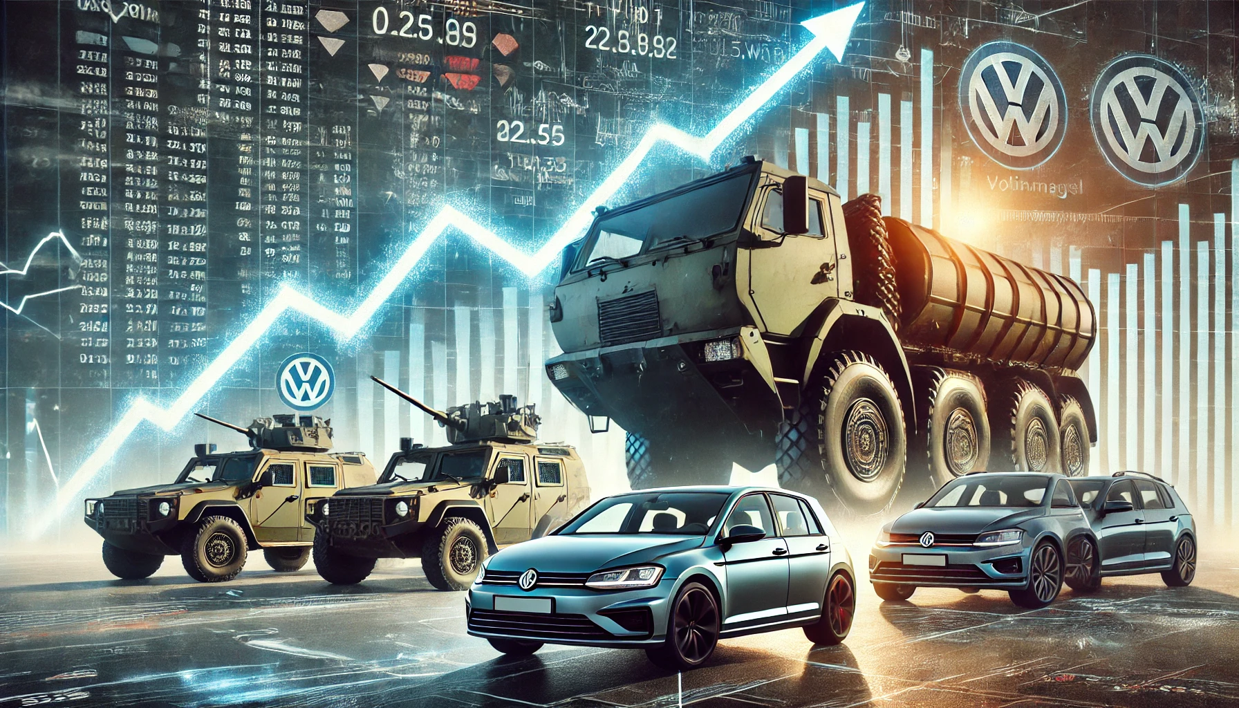 A financial market graph with a rising trend line overlaid on images of Rheinmetall military vehicles and Volkswagen cars, symbolizing the stock market shift.