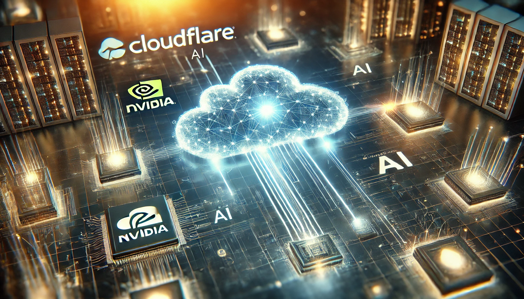 A futuristic digital composite showcasing Cloudflare's AI-driven cloud computing network with glowing AI nodes, Nvidia AI chips, and OpenAI branding.