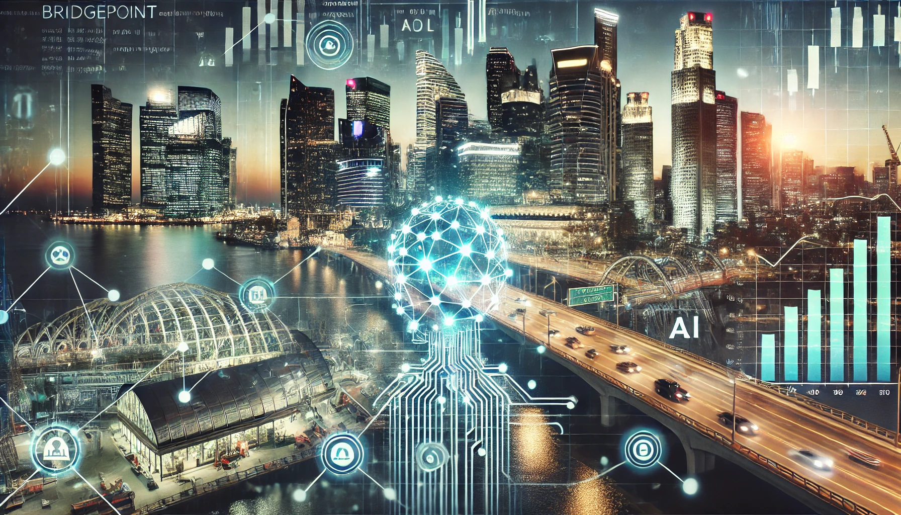 A futuristic digital composite featuring a city skyline with interconnected AI nodes, stock market charts, and smart infrastructure elements representing Bridgepoint’s investment focus.