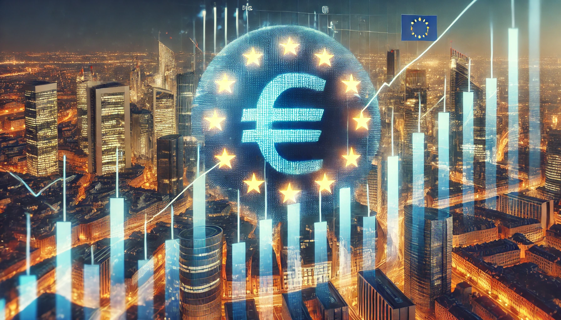 A digital composite featuring a European financial city skyline, stock market charts with an upward trend, and a European Union flag in the background.