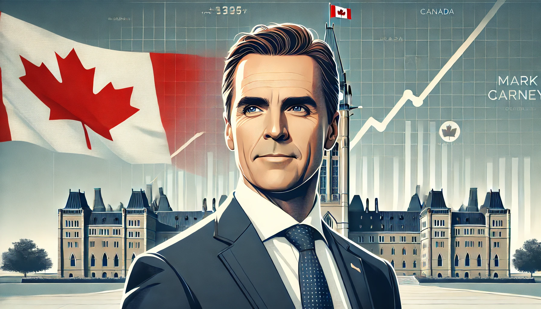 A digital illustration of Mark Carney, the new Prime Minister of Canada, standing confidently in front of the Canadian Parliament with financial graphs and a waving Canadian flag in the background.