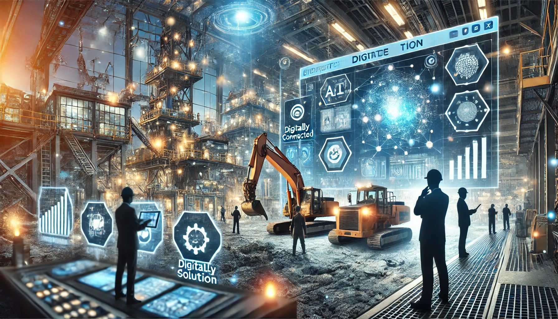 A futuristic mining site with automated machinery, AI-driven control panels, and a holographic display of geological data.