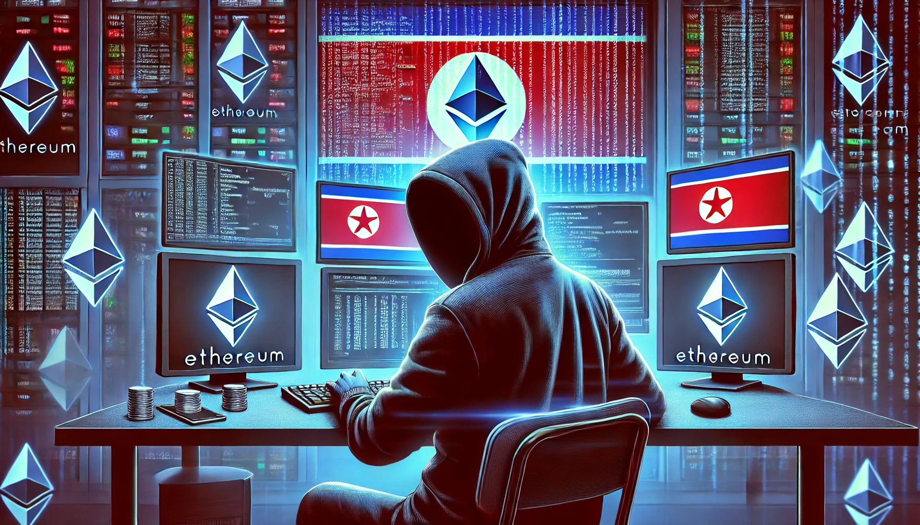 A cyber-themed illustration of a hooded hacker in front of multiple computer screens showing Ethereum logos and digital code, with a subtle North Korean flag in the background.