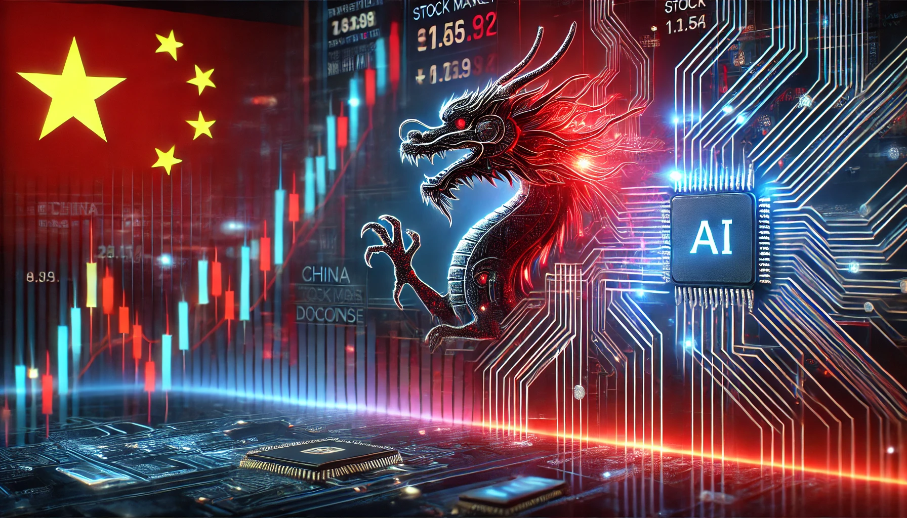 A futuristic digital rendering of an AI neural network shaped like a glowing red dragon, symbolizing China's rise in artificial intelligence, with financial charts and stock market visuals in the background.