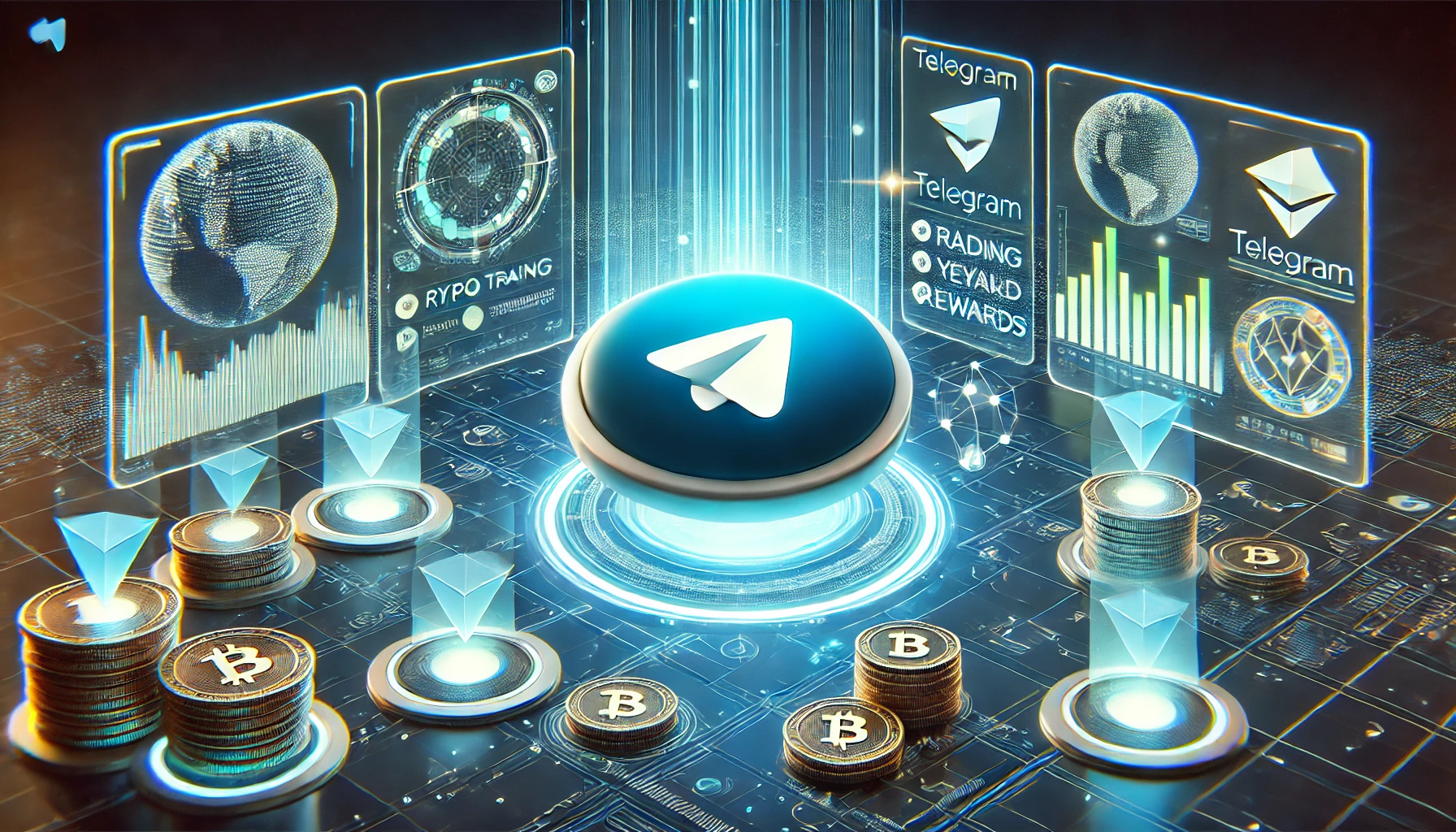 A futuristic digital illustration featuring a glowing blue Telegram logo surrounded by cryptocurrency coins, trading graphs, and blockchain nodes, symbolizing Telegram’s expansion into financial services.