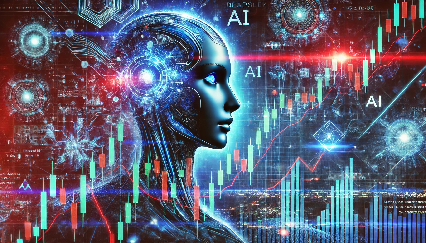 A digital illustration of a stock market crash graph with AI elements, neural networks, and a robotic AI face symbolizing DeepSeek's impact.