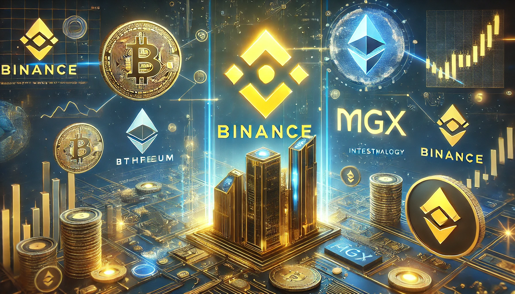 A futuristic digital illustration featuring the Binance logo, Bitcoin and Ethereum symbols, and an MGX-branded skyscraper symbolizing institutional investment in cryptocurrency.