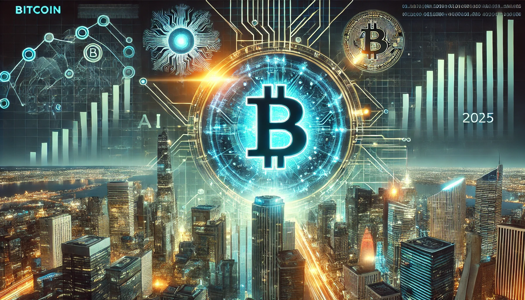 A futuristic digital illustration showing the convergence of AI, cryptocurrency, and technology with a glowing Bitcoin symbol, neural networks, and stock market graphs merging into a high-tech city skyline.