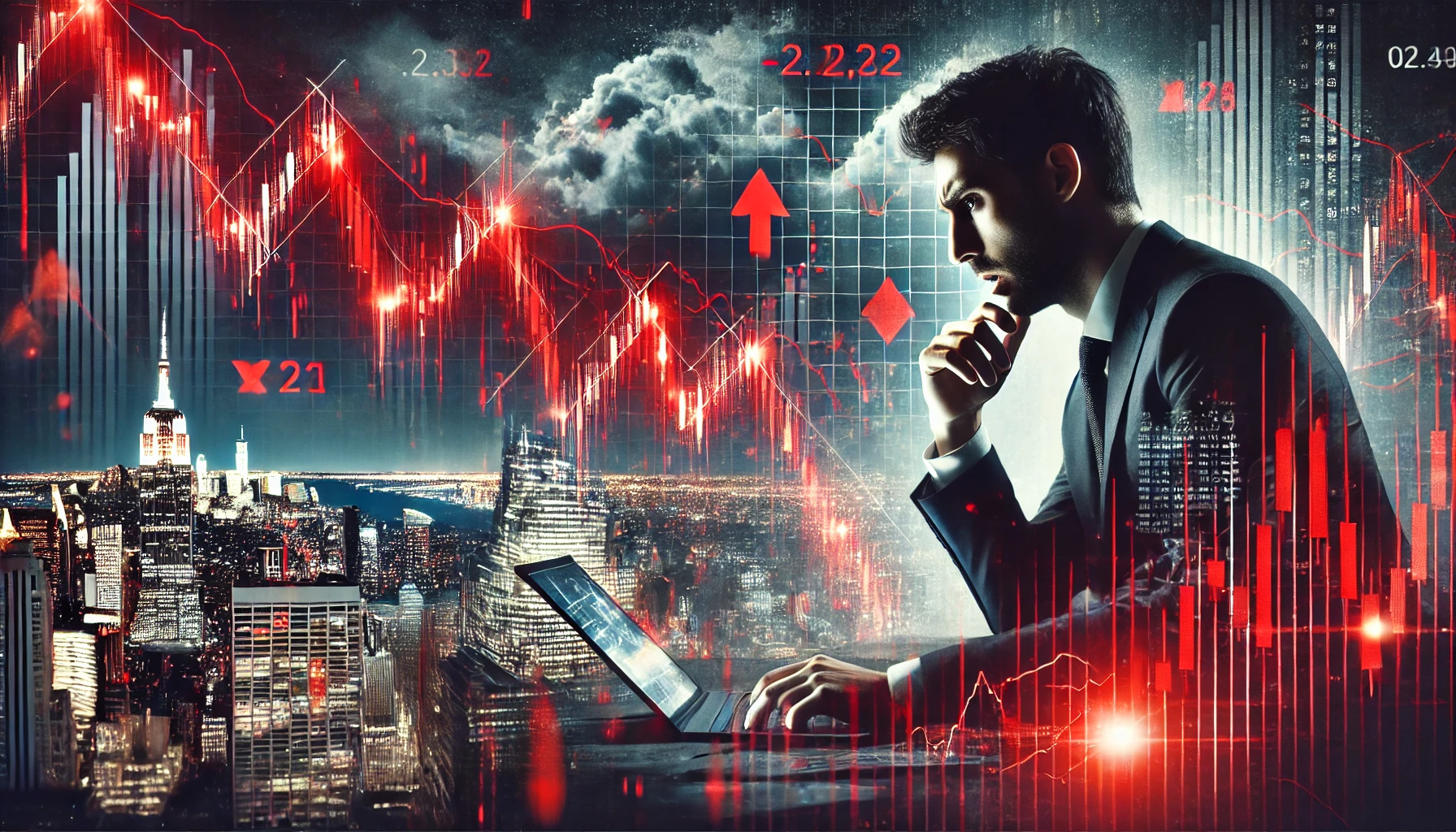 A dramatic digital illustration of a stock market crash with red downward-trending graphs, a distressed investor looking at screens, and a dark financial district skyline in the background.