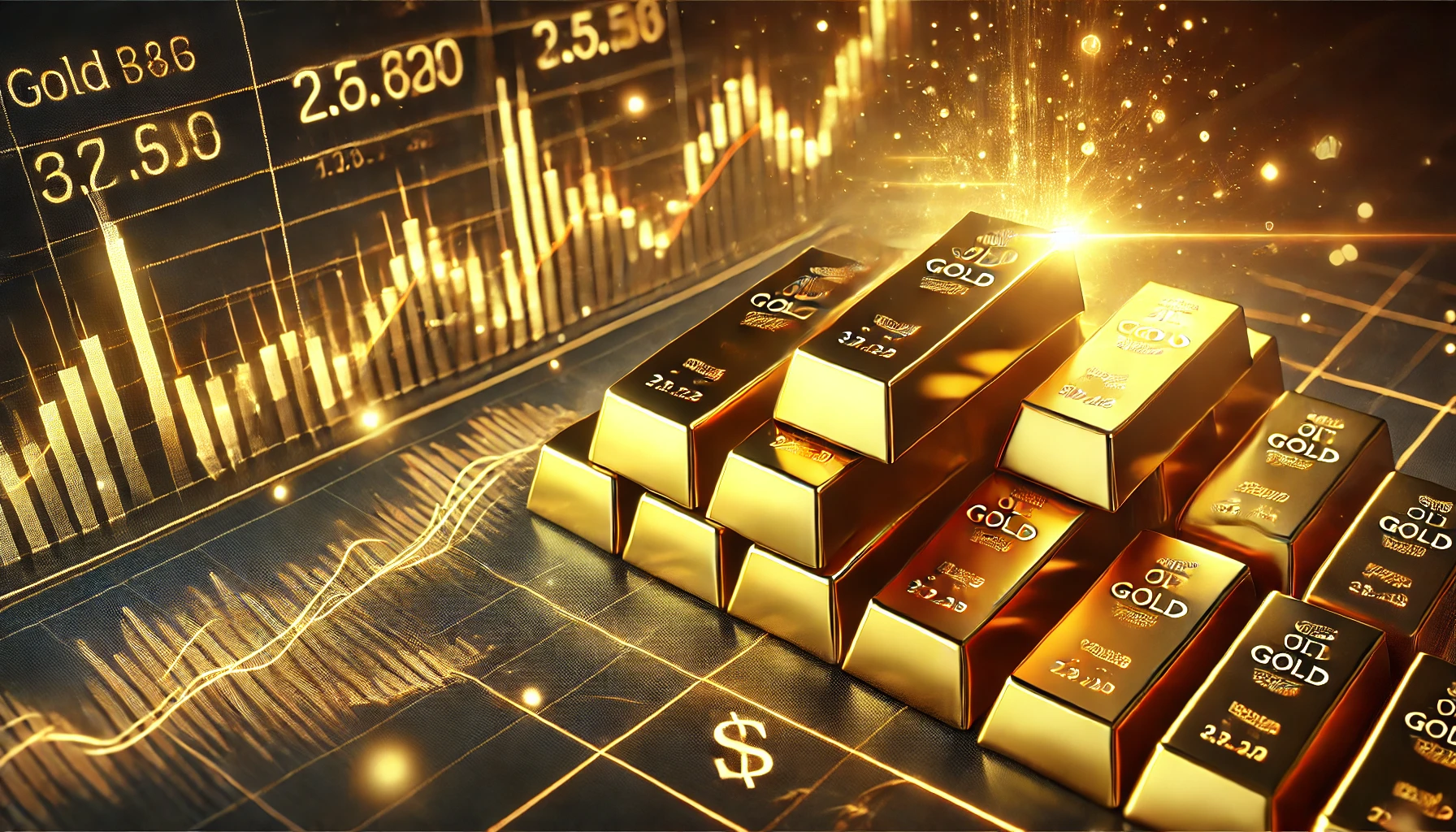 A digital illustration of stacked gold bars with a financial chart in the background showing a sharp upward trend.