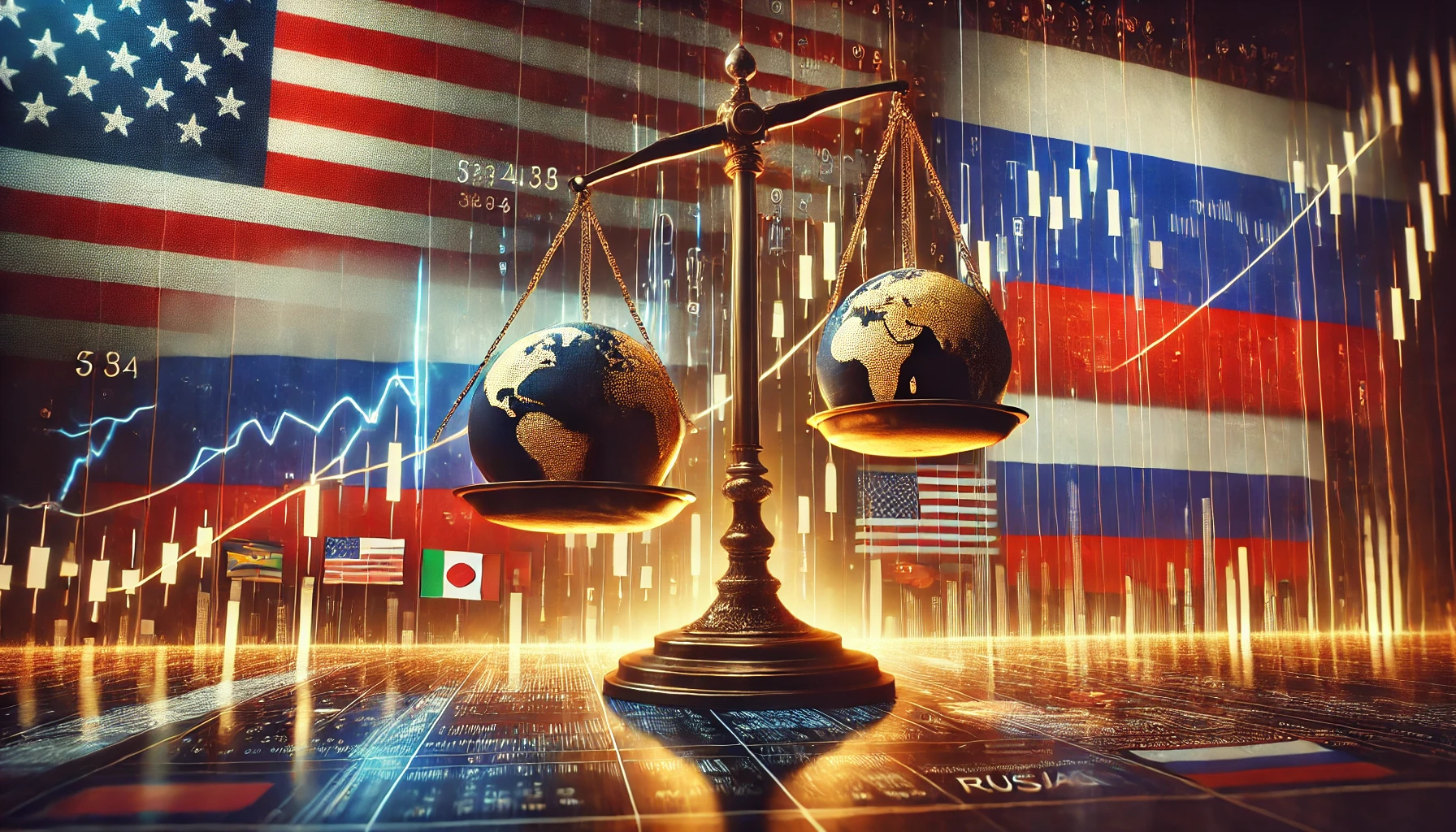 A conceptual illustration showing a fluctuating stock market graph with U.S. and Russian flags in the background, symbolizing geopolitical-driven financial volatility.