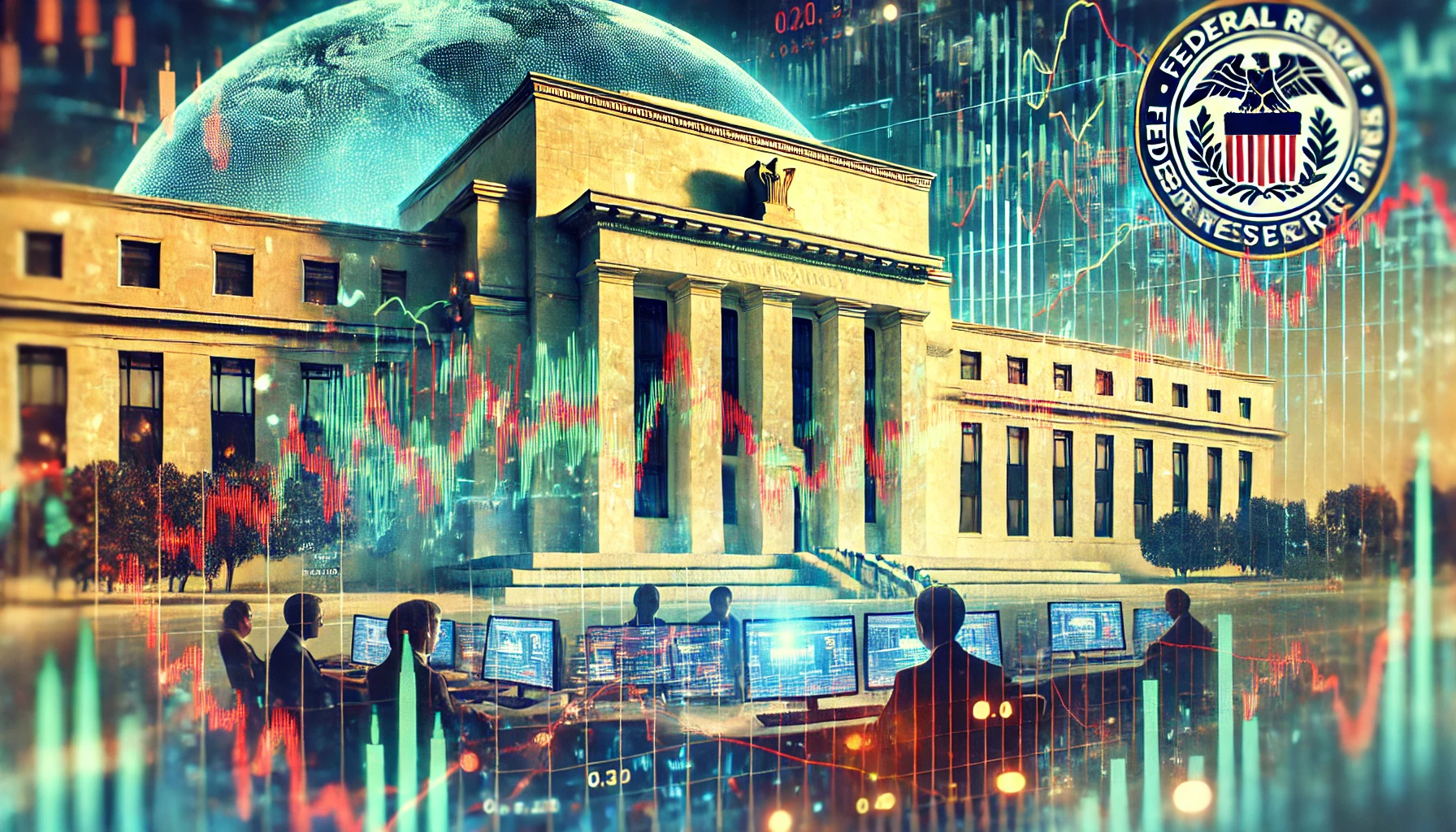 A conceptual digital illustration of stock market fluctuations, featuring red and green market graphs, a Federal Reserve building, and investors analyzing data on screens.