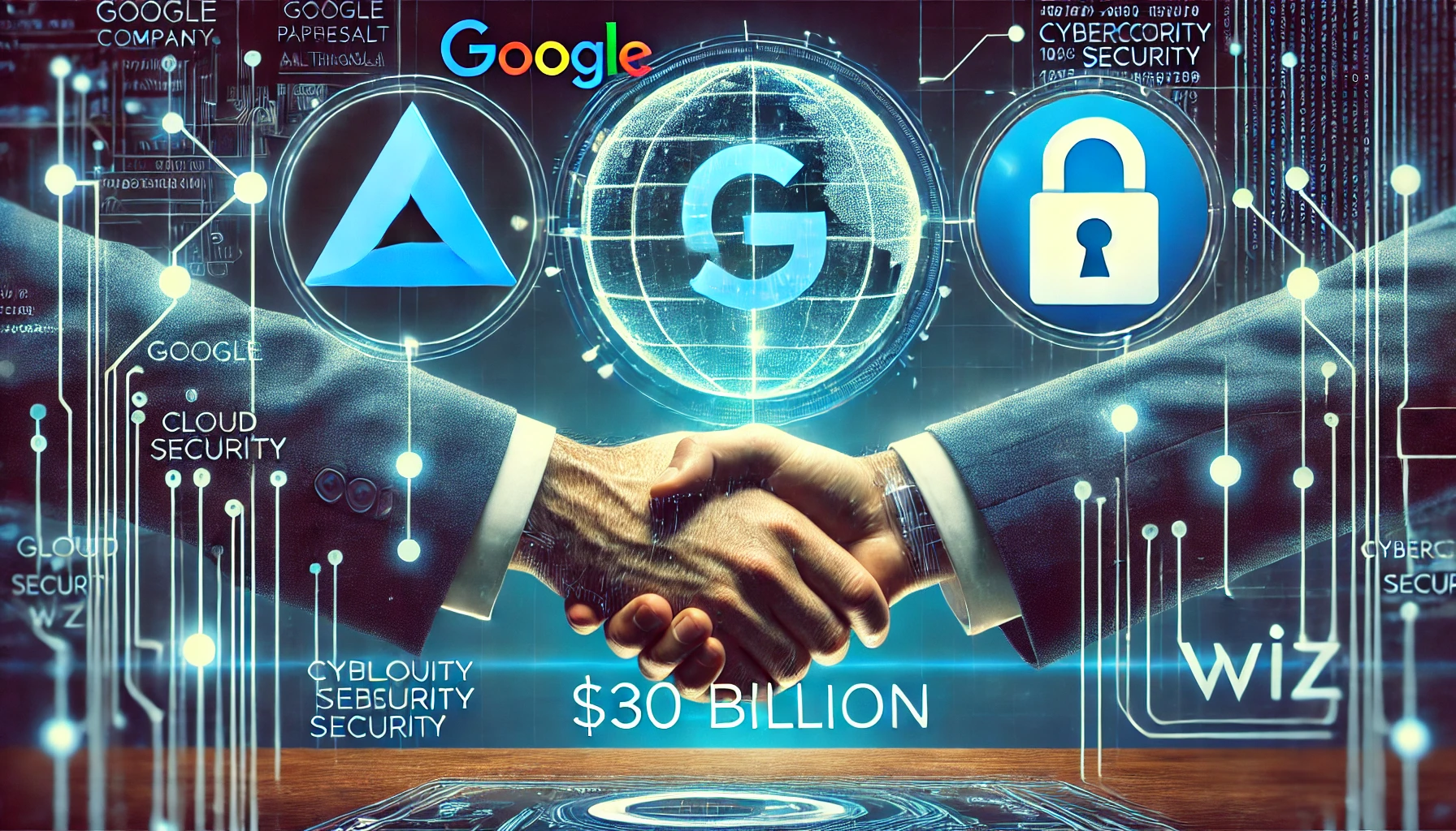 Conceptual illustration of Alphabet acquiring cybersecurity firm Wiz, featuring a handshake, cybersecurity interface, and technology elements.