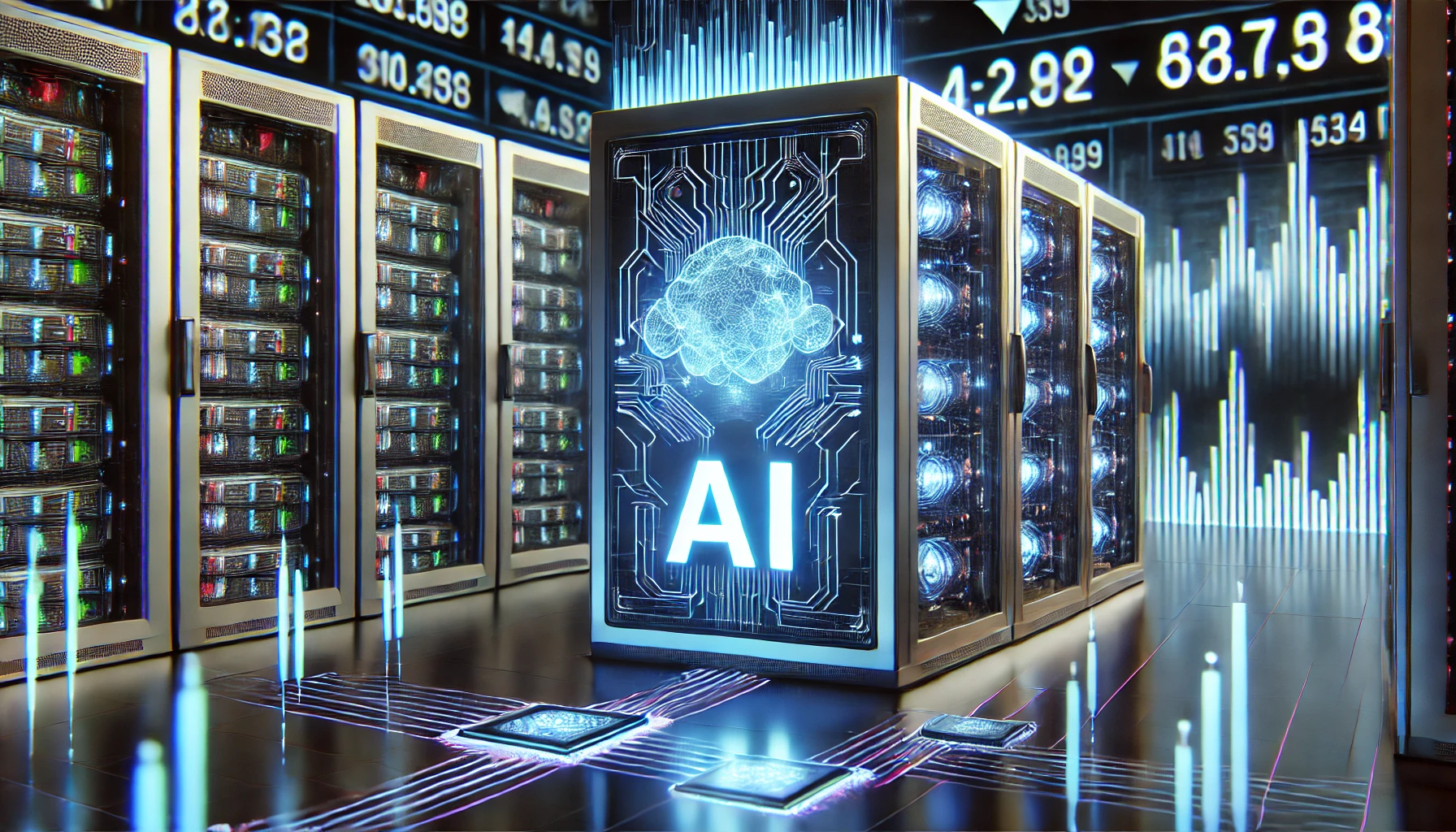 A futuristic AI-powered data center with glowing circuits and a holographic AI interface, symbolizing DeepSeek's technological disruption. A stock market board in the background reflects financial market impact.