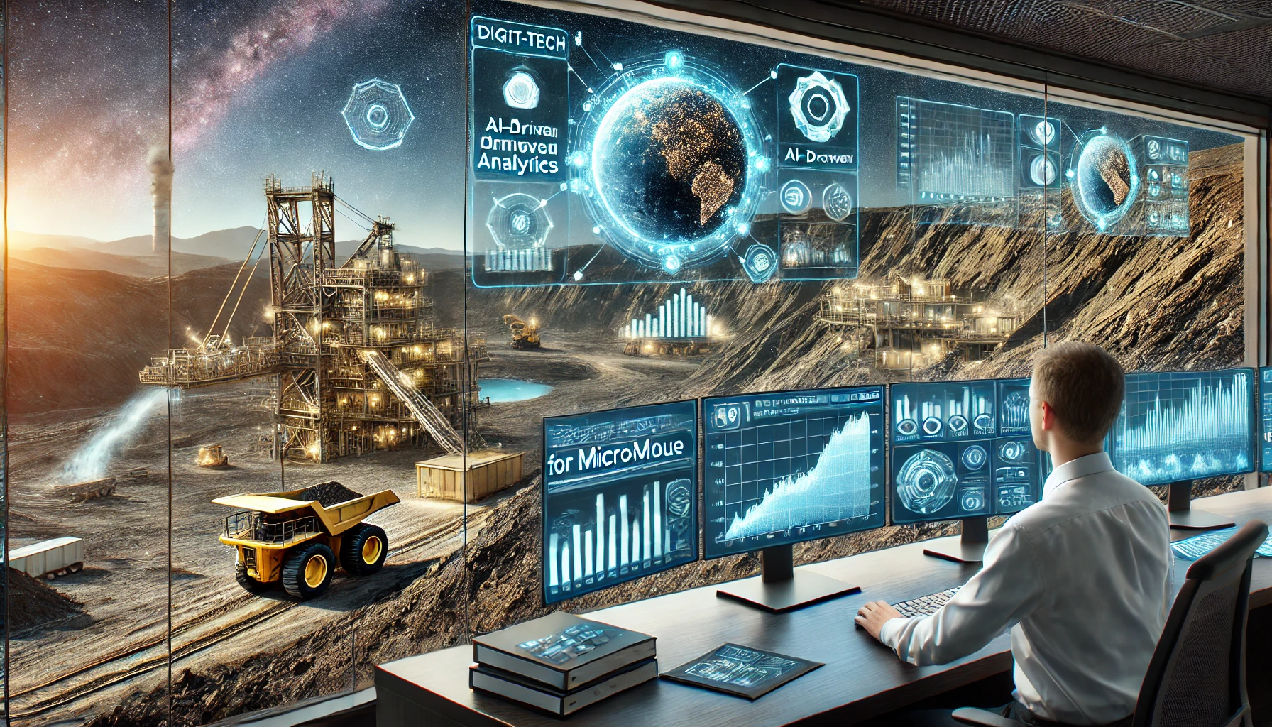 A high-tech mining operation with digital screens displaying geological data and AI-driven analytics, symbolizing Weir Group’s acquisition of Micromine.