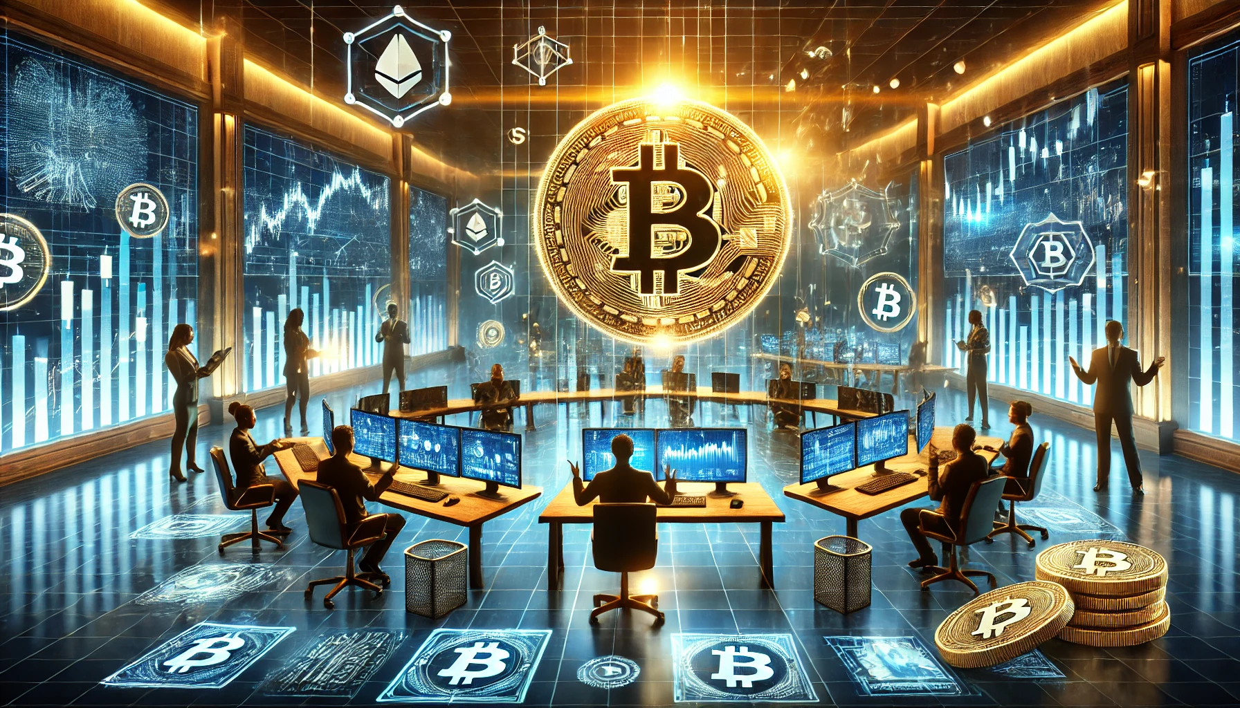 A futuristic digital financial market scene featuring a glowing Bitcoin symbol surrounded by rising stock charts and blockchain connections.